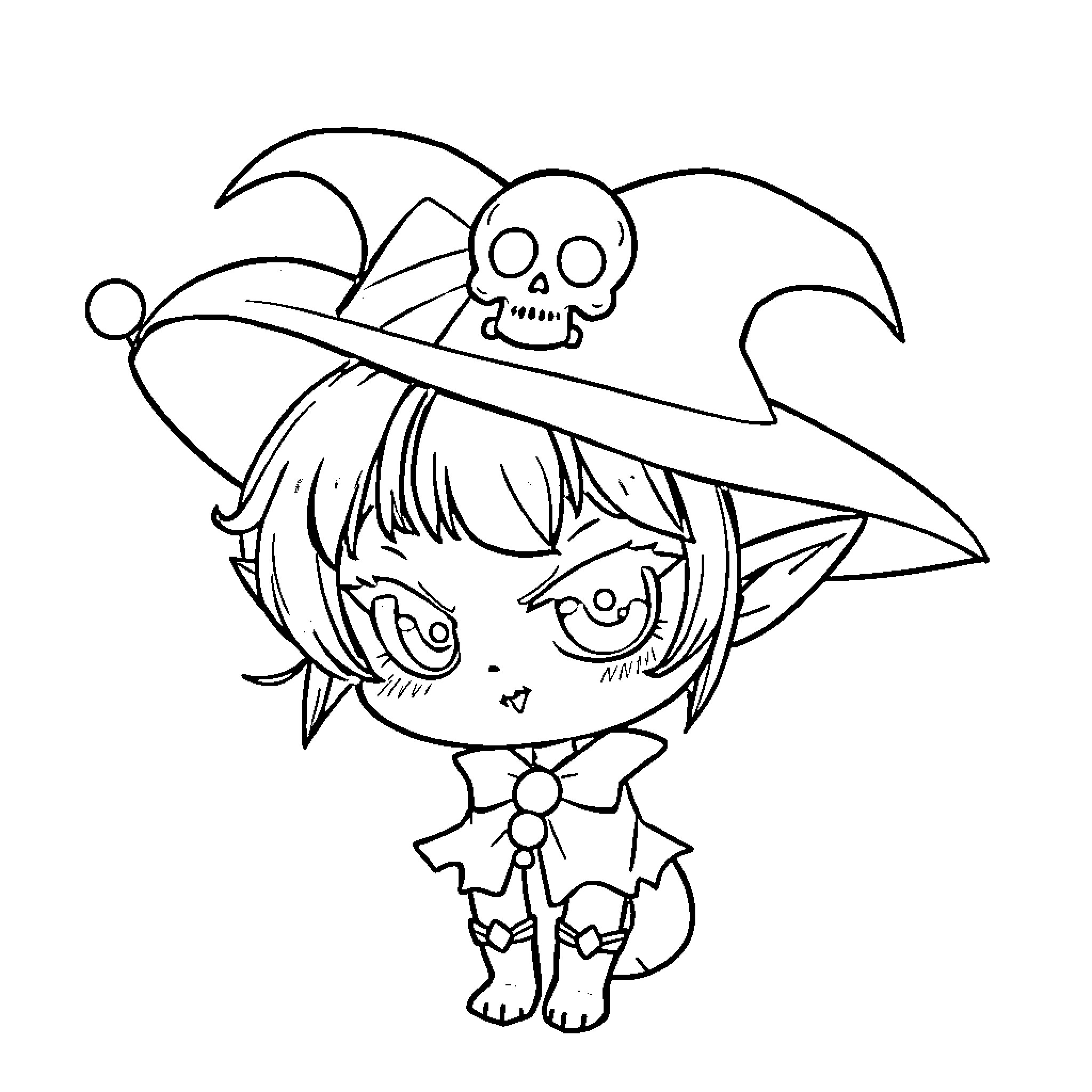 Kuromi in Spooky Witch Outfit Coloring Page (free black-and-white line drawing printable PDF for all, from beginners to advanced learners, including children, teens, adults, and seniors)