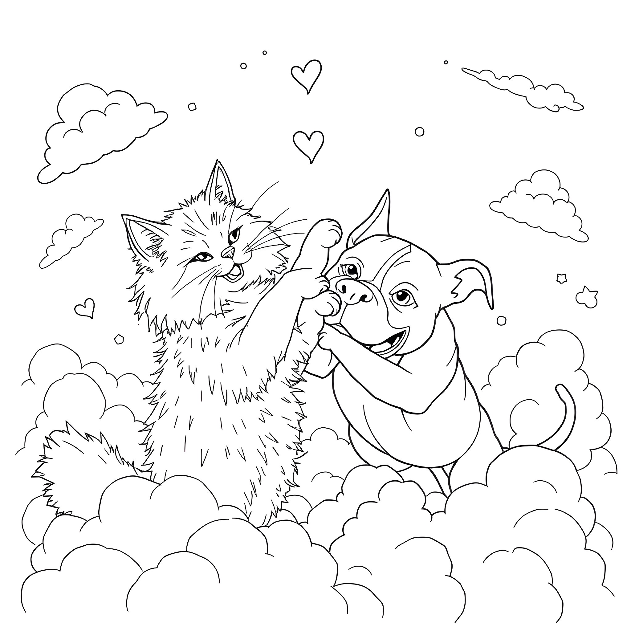 Maine Coon cats playing in the clouds Coloring Page (free black-and-white line drawing printable PDF for all, from beginners to advanced learners, including children, teens, adults, and seniors)
