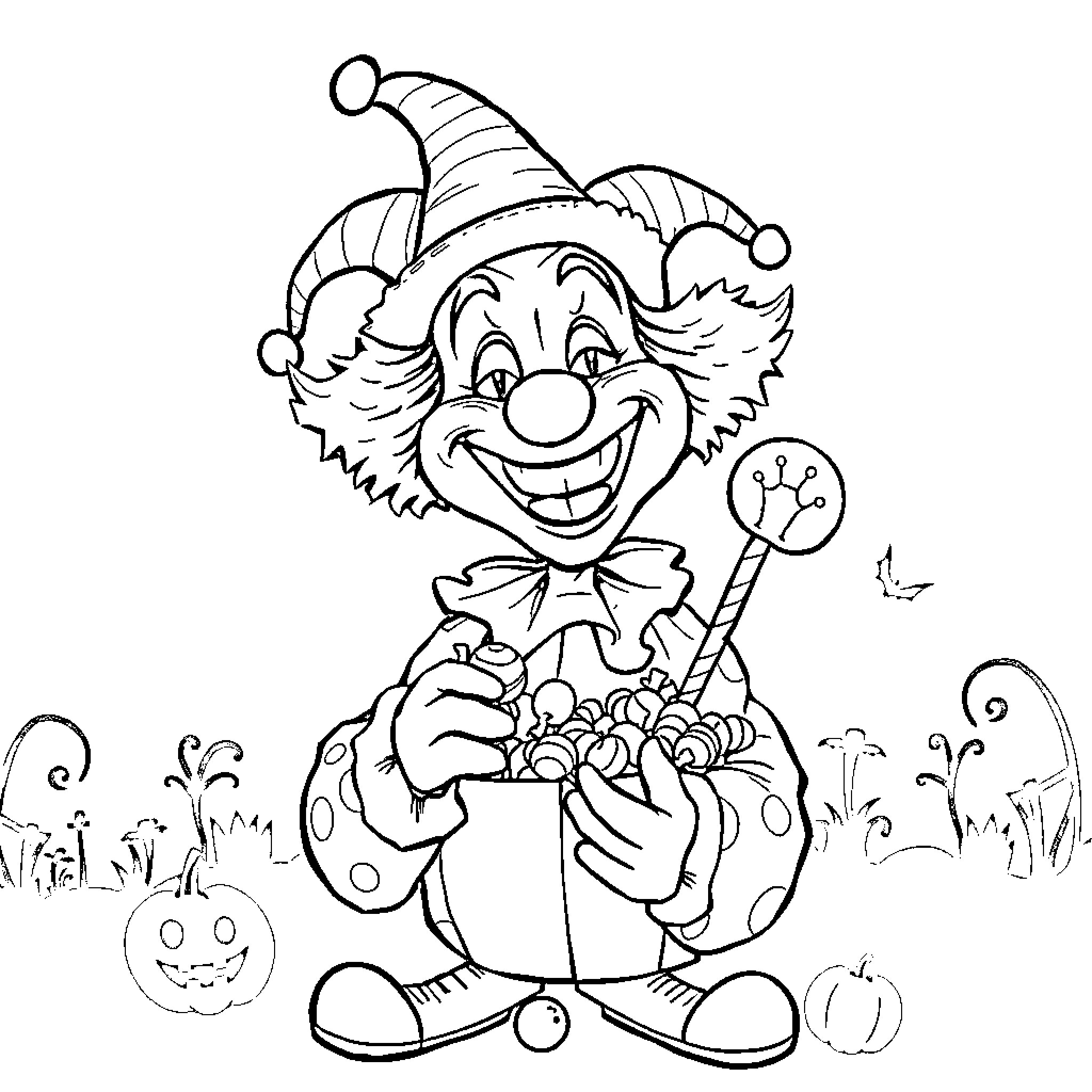 Clown in costume holding candy bag and smiling Coloring Page (free black-and-white line drawing printable PDF for all, from beginners to advanced learners, including children, teens, adults, and seniors)