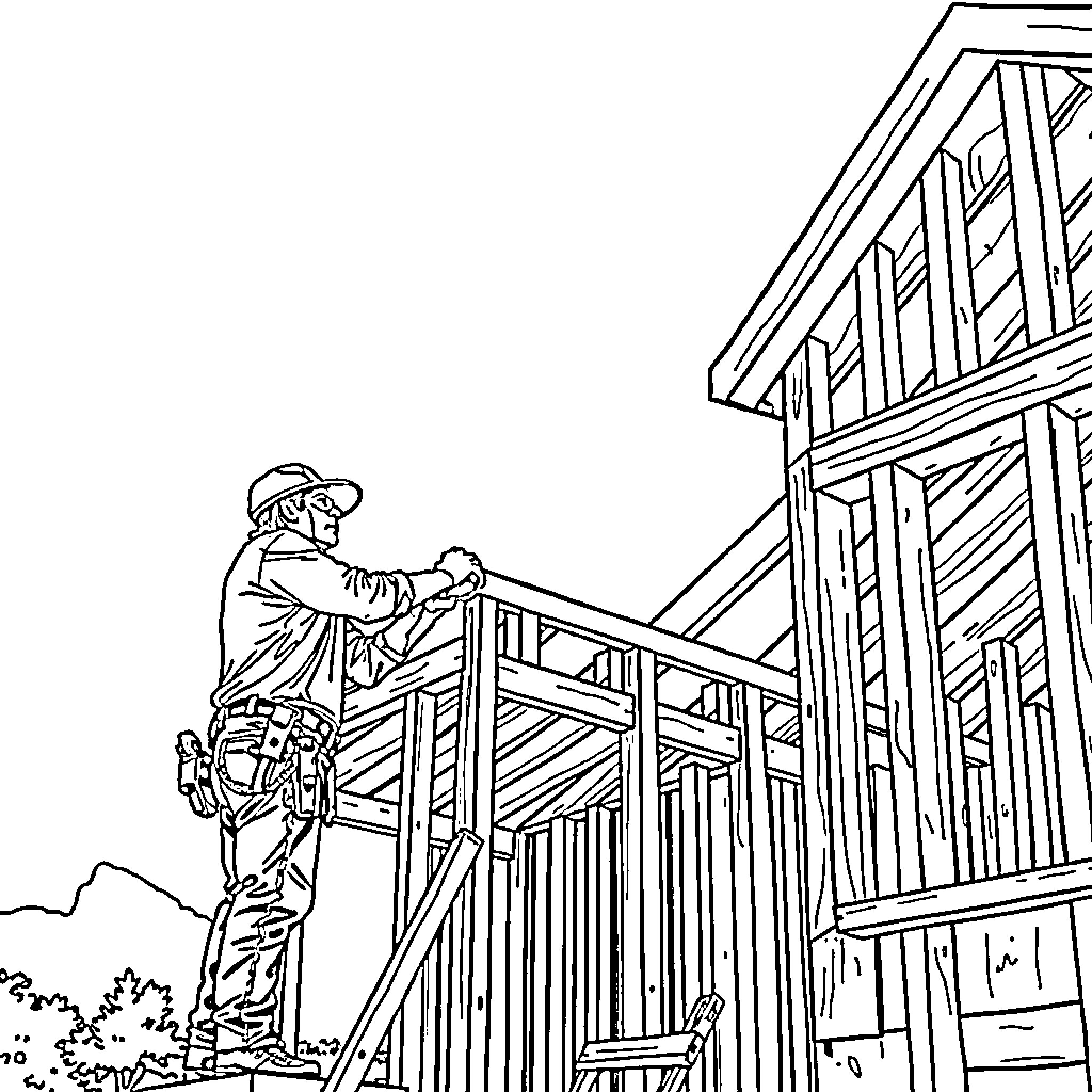 Carpenter constructing a wooden structure Coloring Page (free black-and-white line drawing printable PDF for all, from beginners to advanced learners, including children, teens, adults, and seniors)