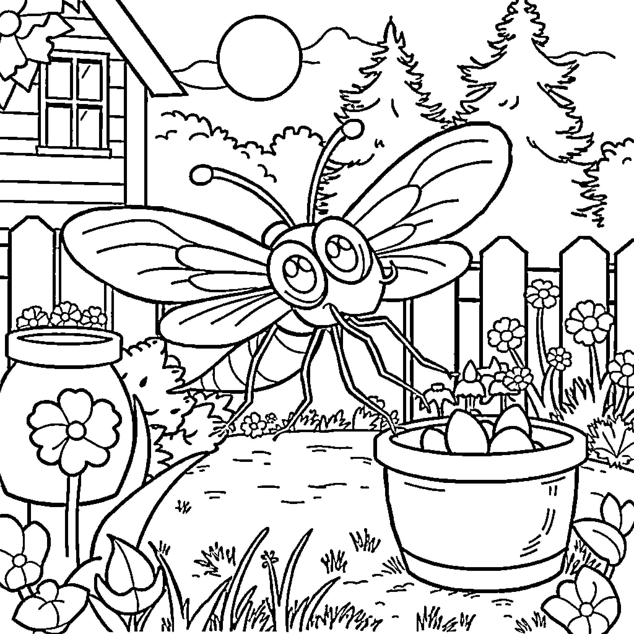 Mosquito exploring a cozy garden scene Coloring Page (free black-and-white line drawing printable PDF for all, from beginners to advanced learners, including children, teens, adults, and seniors)