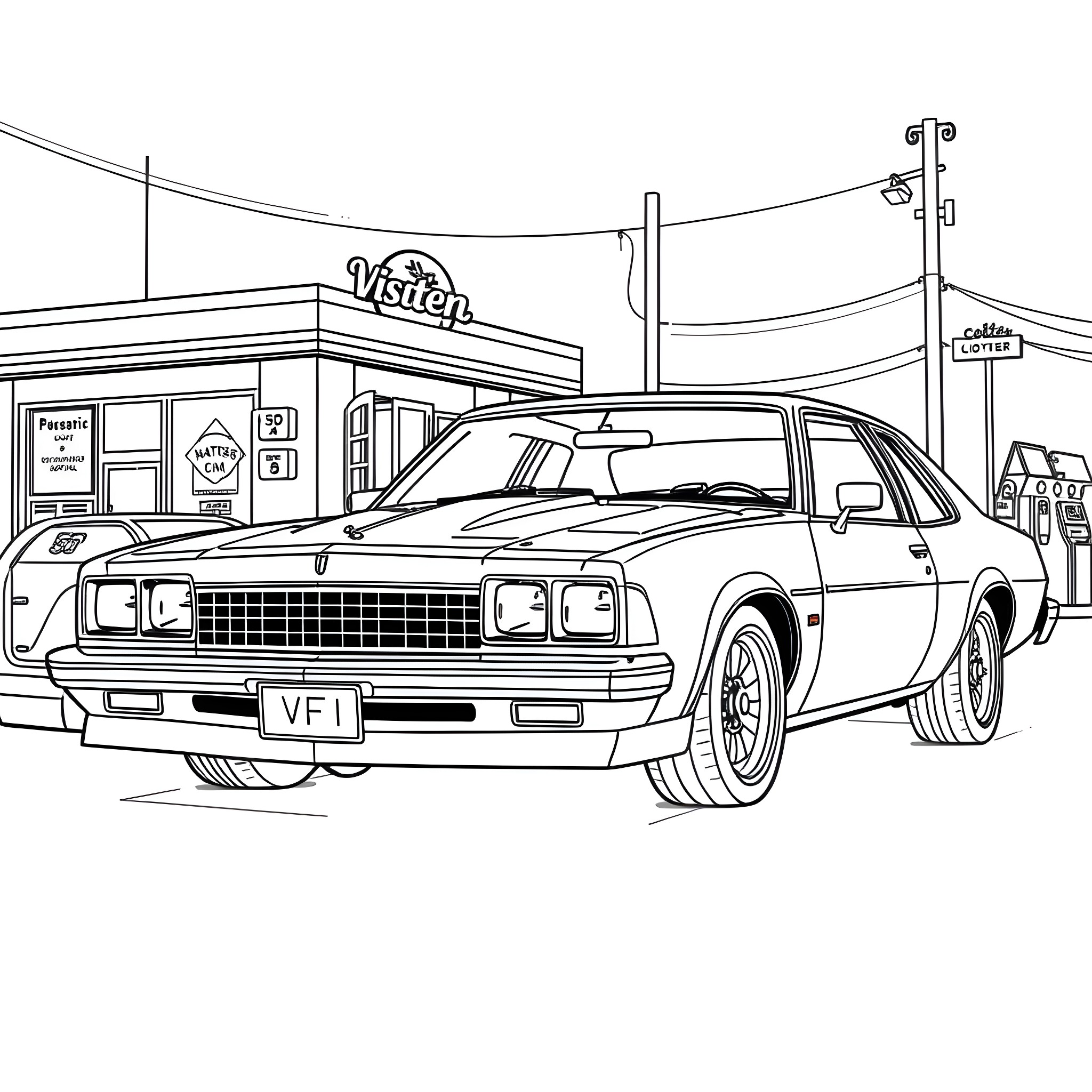 VF Commodore classic muscle car at gas station Coloring Page (free black-and-white line drawing printable PDF for all, from beginners to advanced learners, including children, teens, adults, and seniors)