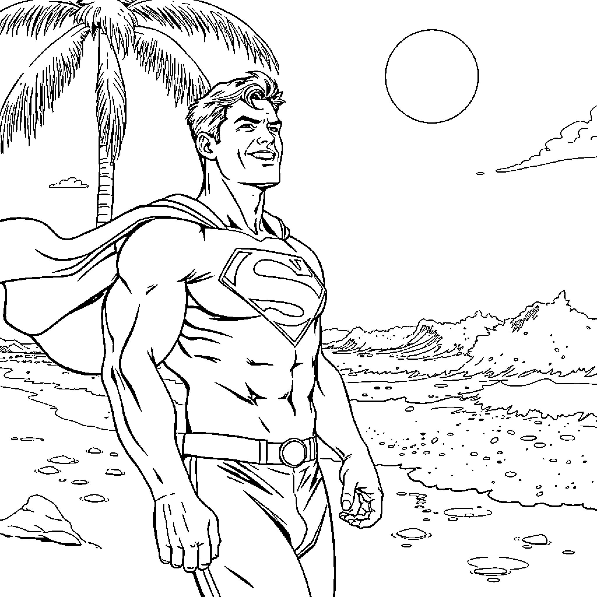 Superman stands tall on a tropical beach Coloring Page (free black-and-white line drawing printable PDF for all, from beginners to advanced learners, including children, teens, adults, and seniors)