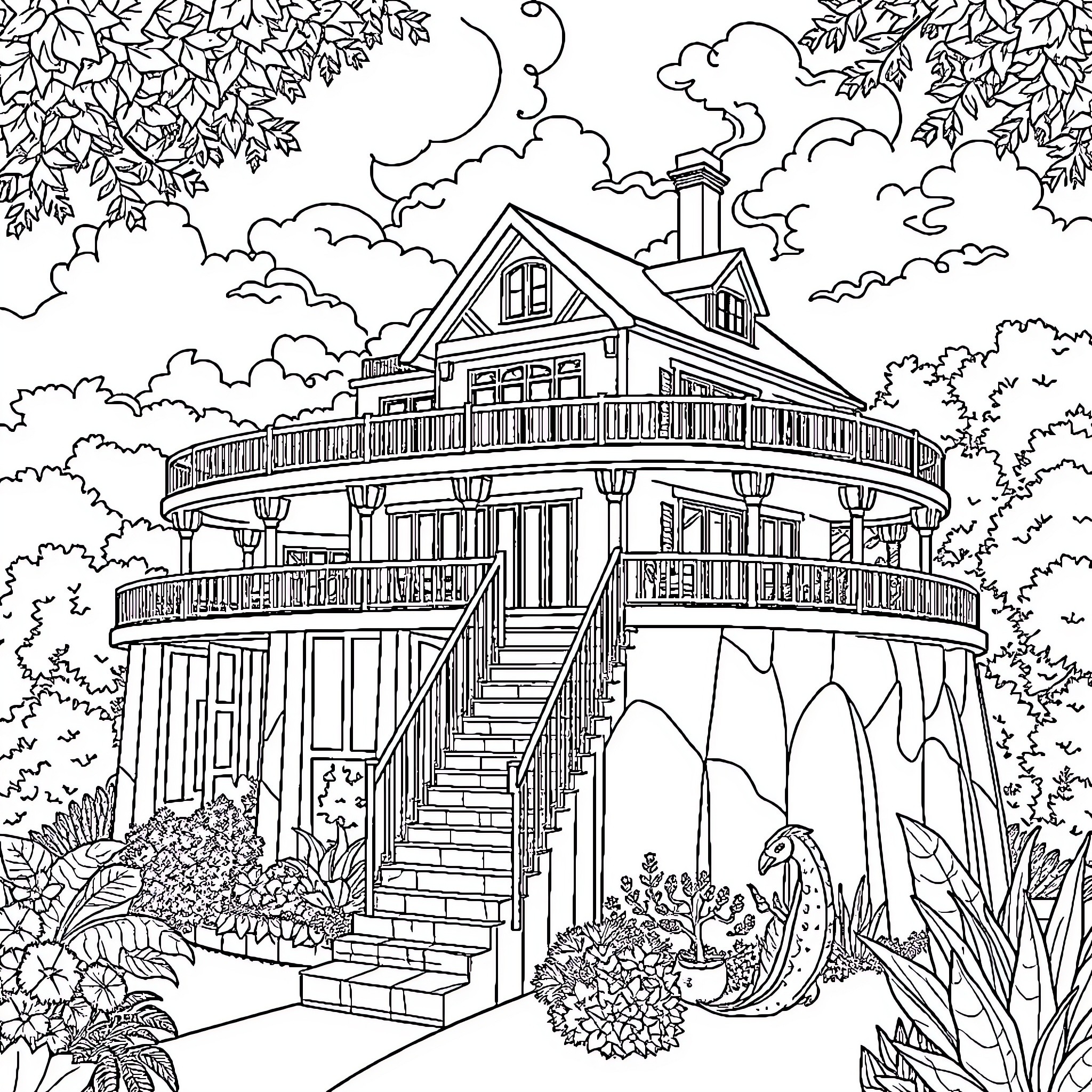 Maison amidst a Verdant Landscape Coloring Page (free black-and-white line drawing printable PDF for all, from beginners to advanced learners, including children, teens, adults, and seniors)