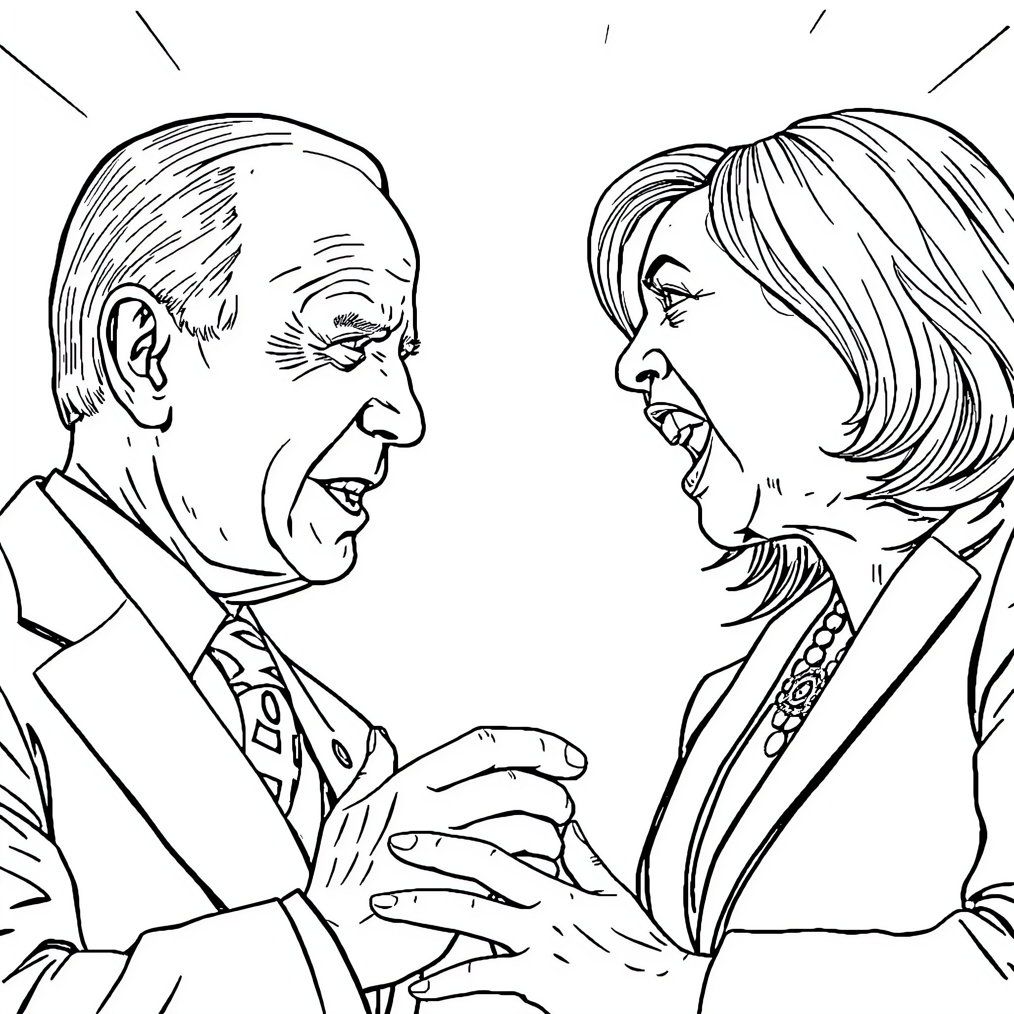 Joe Biden in Heated Conversation with Female Politician Coloring Page (free black-and-white line drawing printable PDF for all, from beginners to advanced learners, including children, teens, adults, and seniors)