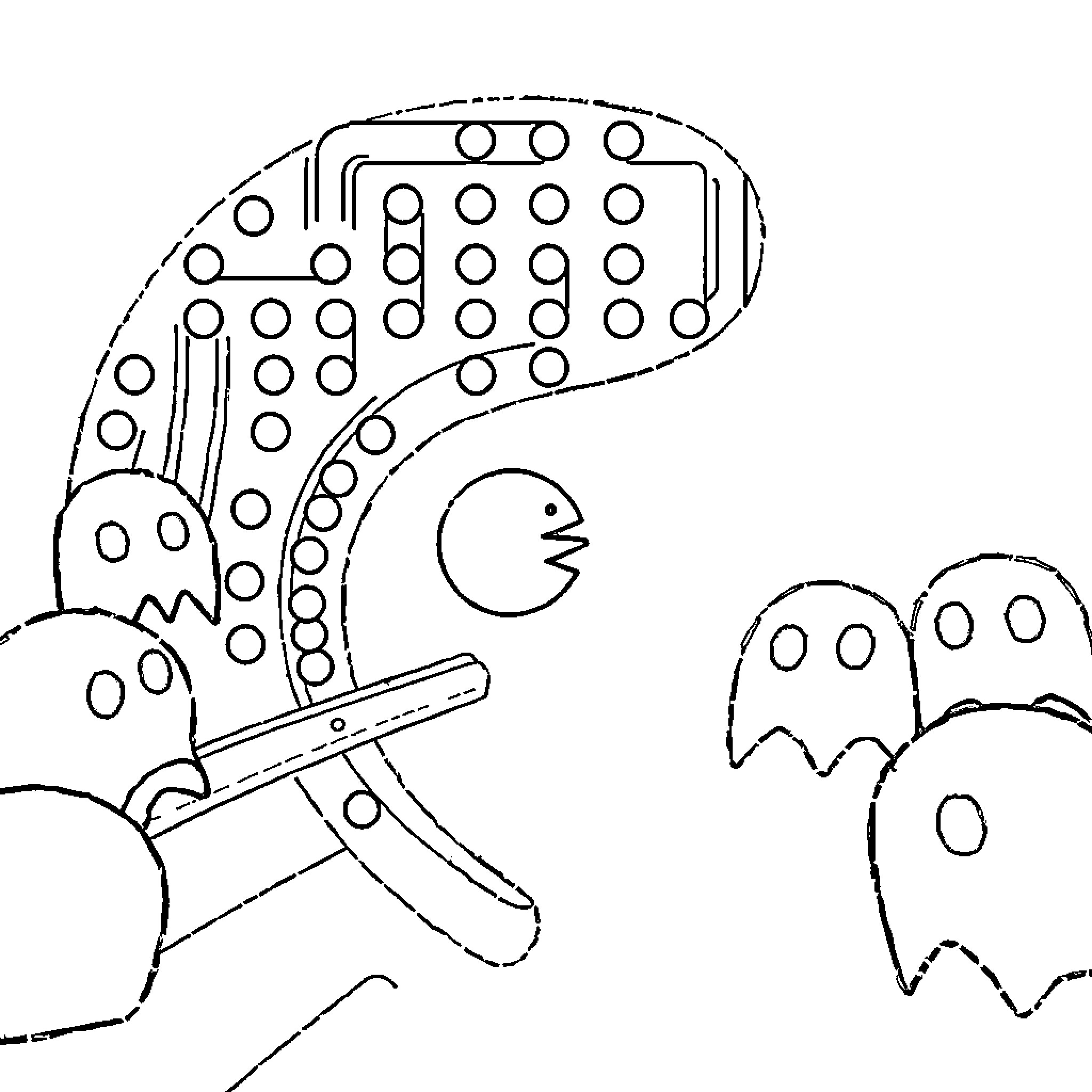 Pacman running through the maze chasing ghosts Coloring Page (free black-and-white line drawing printable PDF for all, from beginners to advanced learners, including children, teens, adults, and seniors)