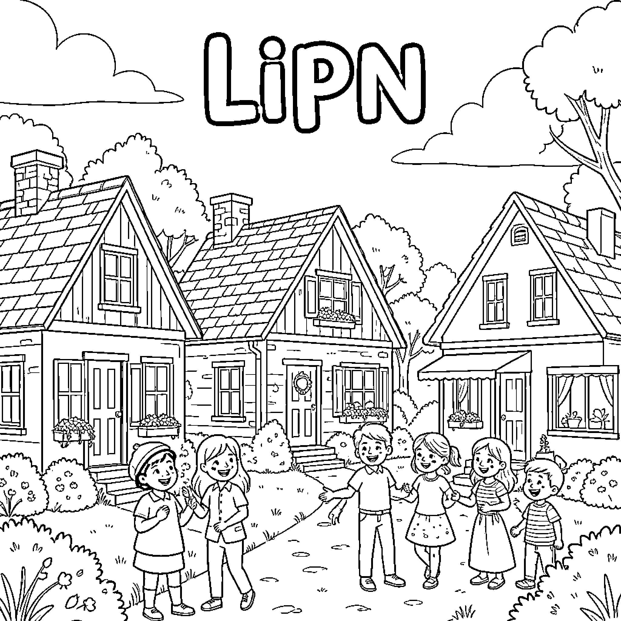 Lip Neighborhood children playing outside Coloring Page (free black-and-white line drawing printable PDF for all, from beginners to advanced learners, including children, teens, adults, and seniors)