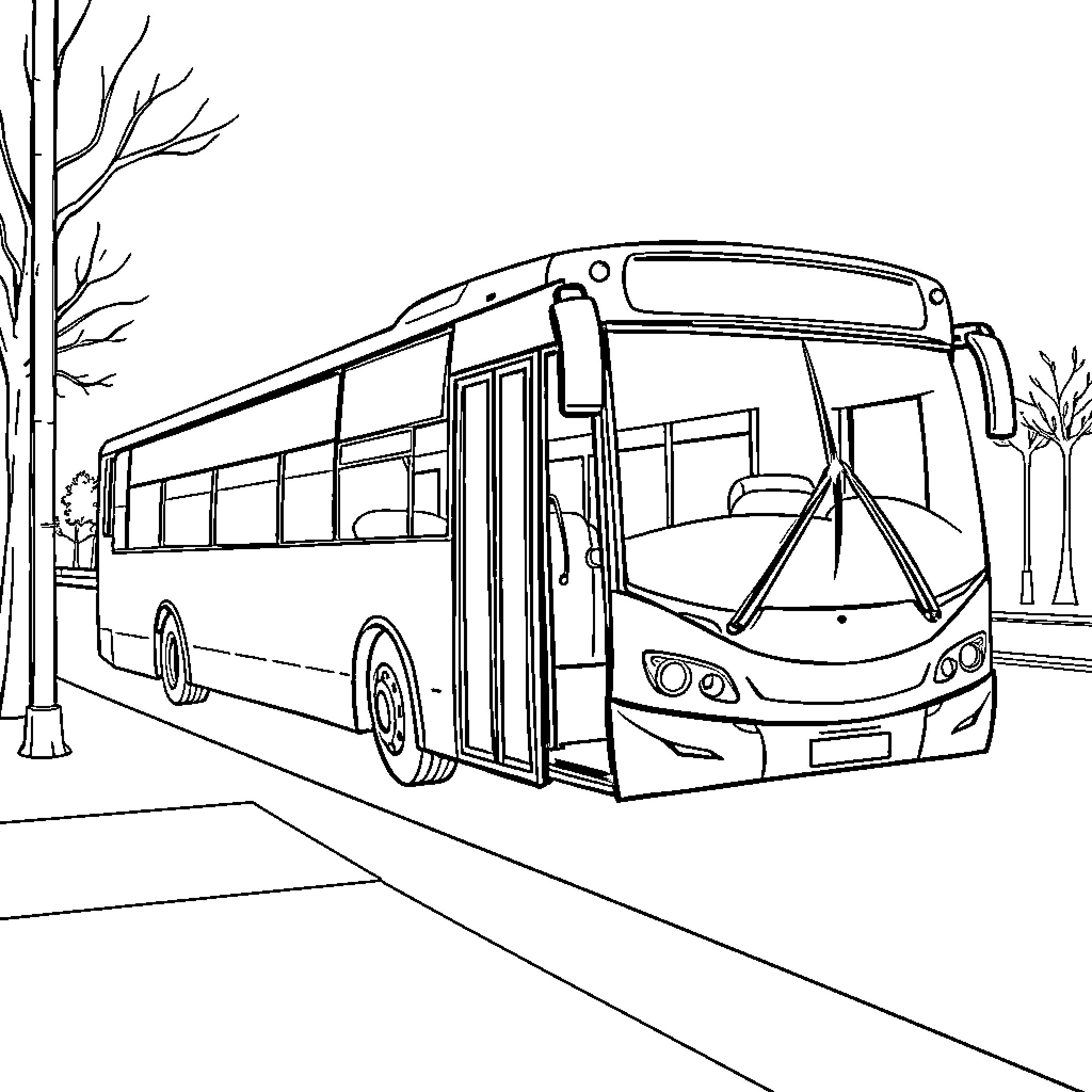 Bus Traveling on Scenic Road Coloring Page (free black-and-white line drawing printable PDF for all, from beginners to advanced learners, including children, teens, adults, and seniors)