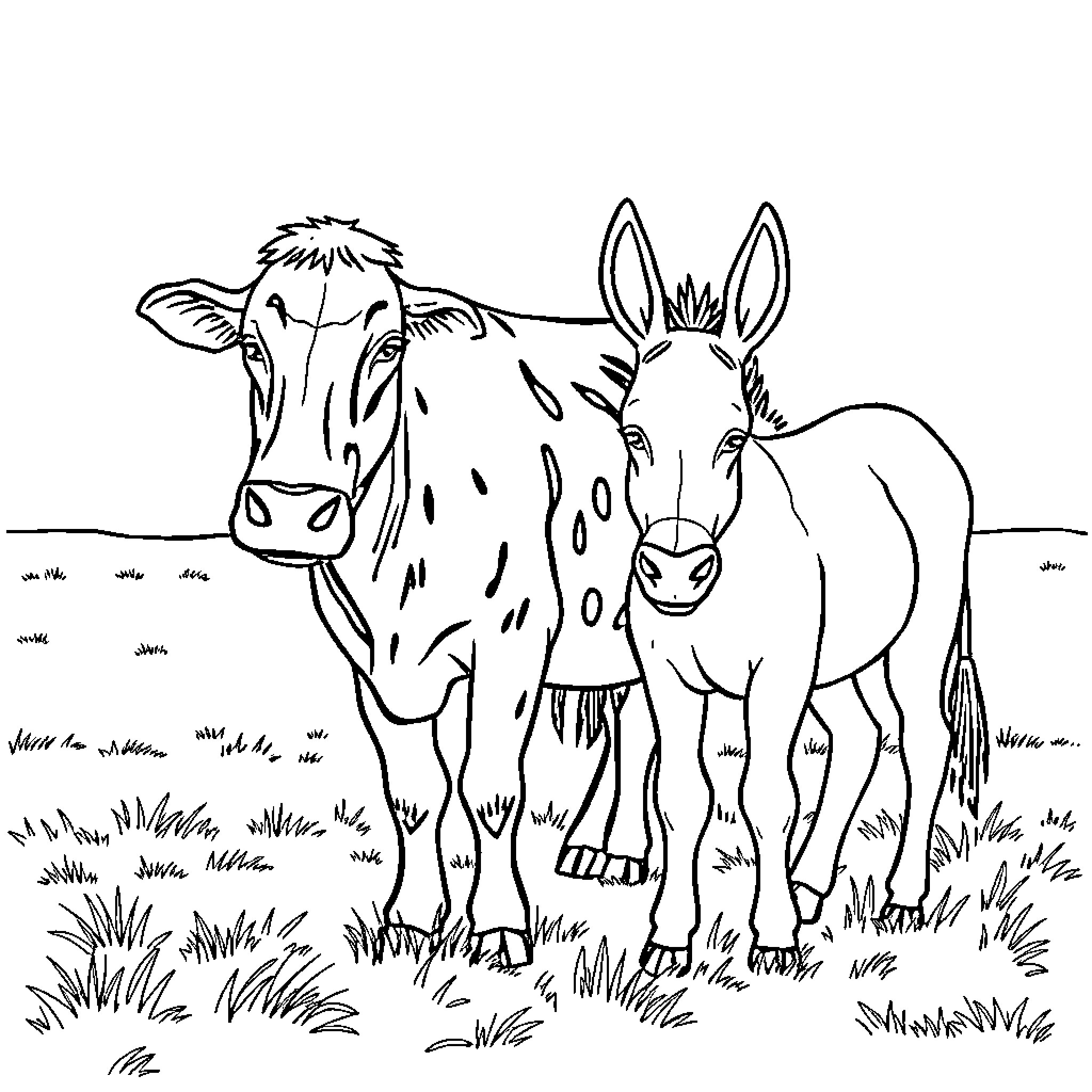 Cow and donkey in a grassy field Coloring Page (free black-and-white line drawing printable PDF for all, from beginners to advanced learners, including children, teens, adults, and seniors)