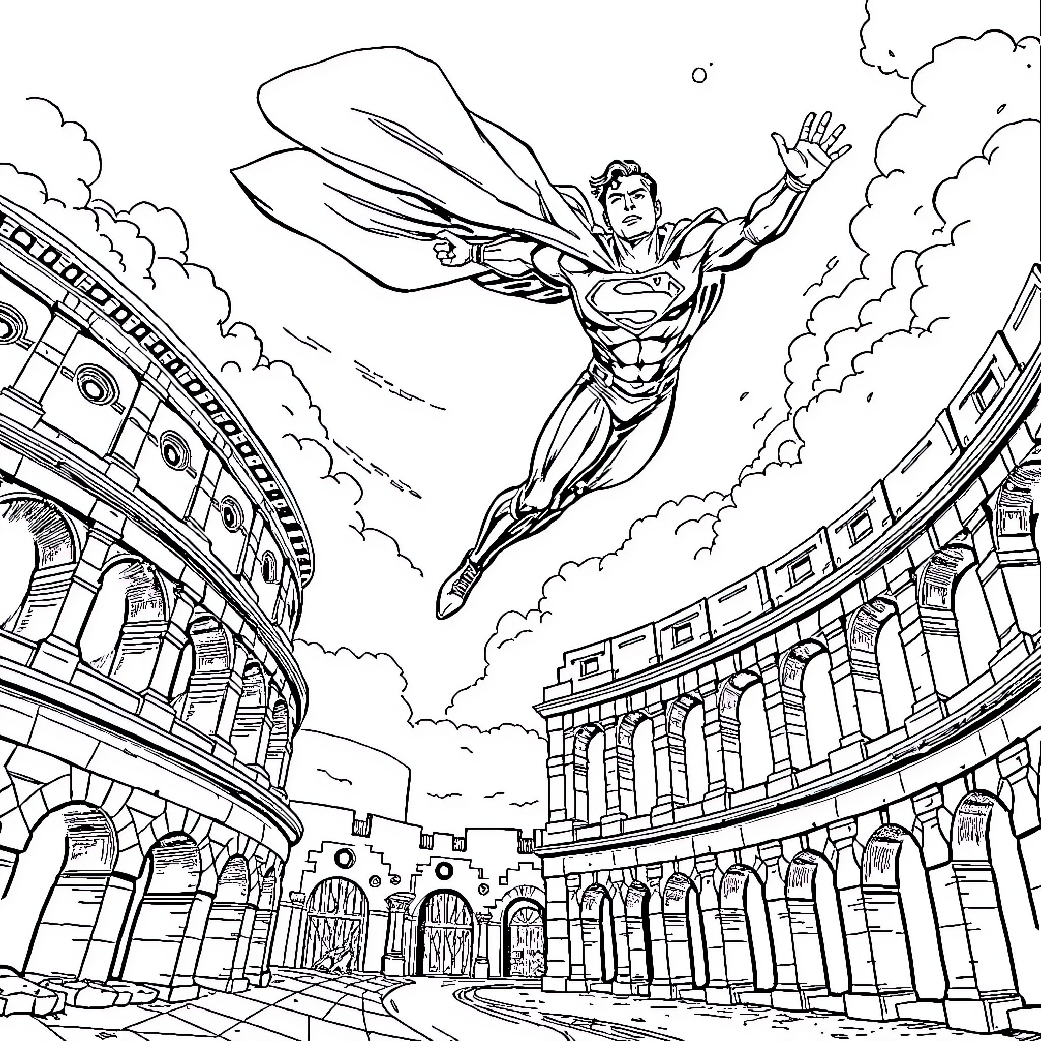 Superman soaring over a city in action Coloring Page (free black-and-white line drawing printable PDF for all, from beginners to advanced learners, including children, teens, adults, and seniors)