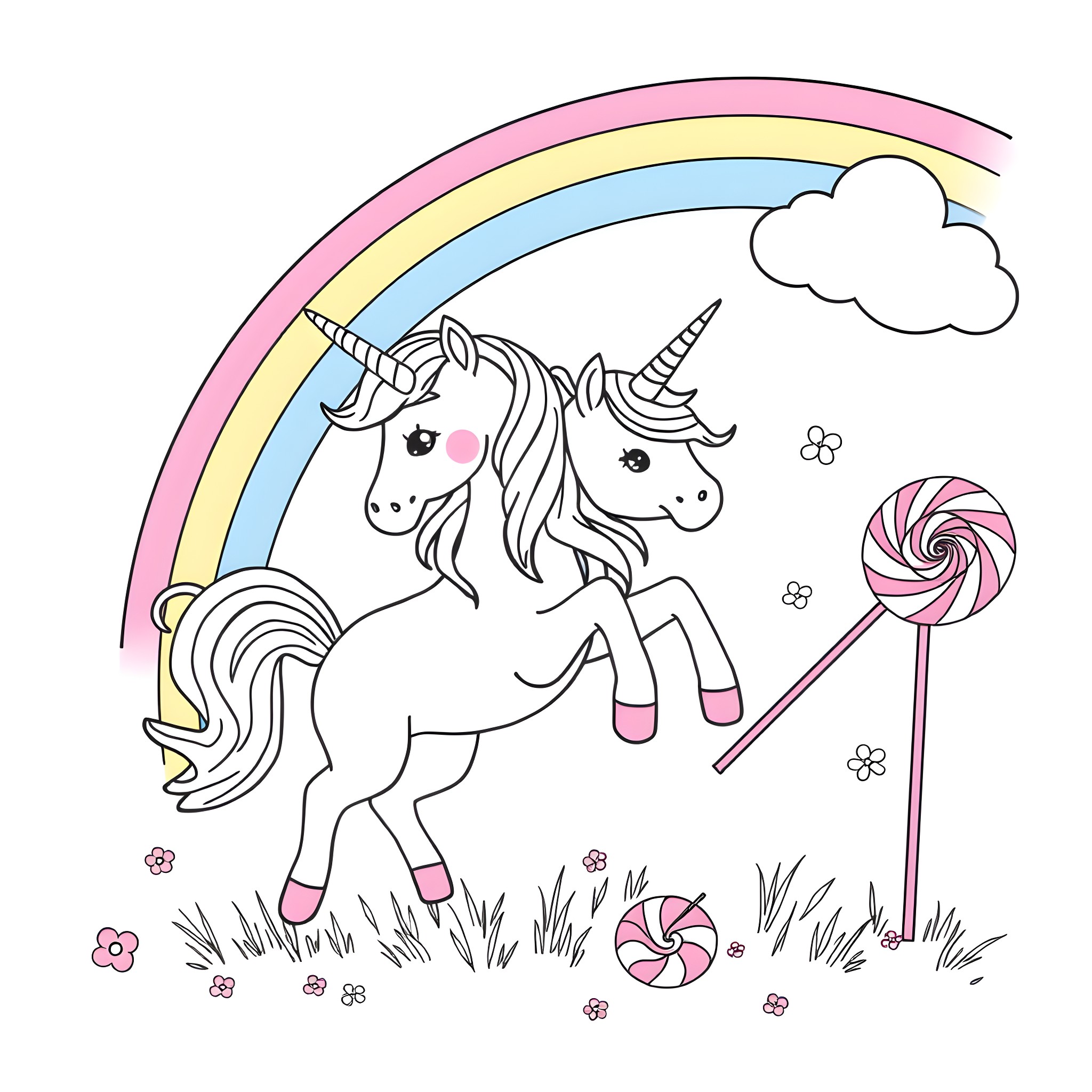 Unicorn playing happily with lollipop in magical meadow Coloring Page (free black-and-white line drawing printable PDF for all, from beginners to advanced learners, including children, teens, adults, and seniors)