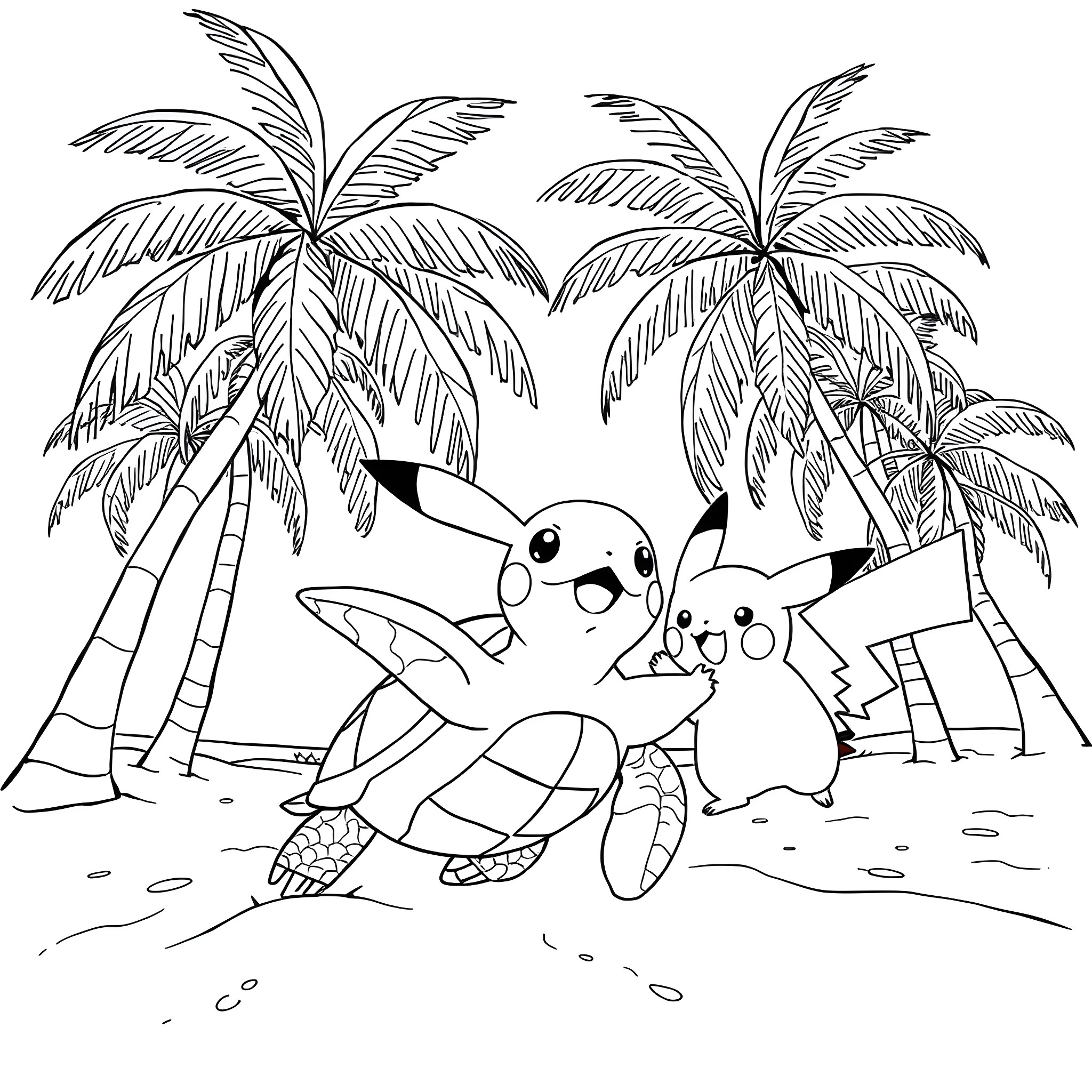 Turtle-shaped Pokemon playing on tropical beach Coloring Page (free black-and-white line drawing printable PDF for all, from beginners to advanced learners, including children, teens, adults, and seniors)