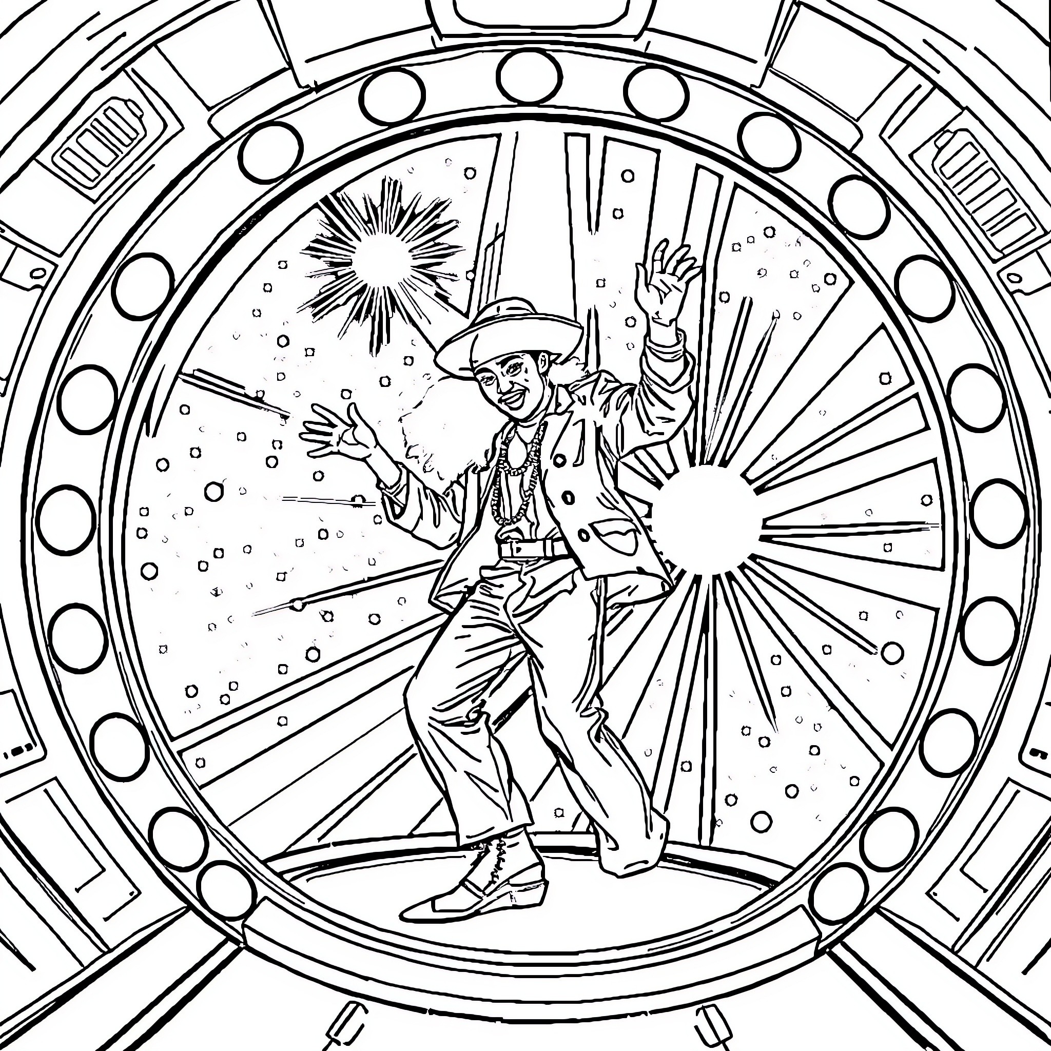 Jaimiroquai's Cosmic Journey through a Vibrant Kaleidoscope Coloring Page (free black-and-white line drawing printable PDF for all, from beginners to advanced learners, including children, teens, adults, and seniors)
