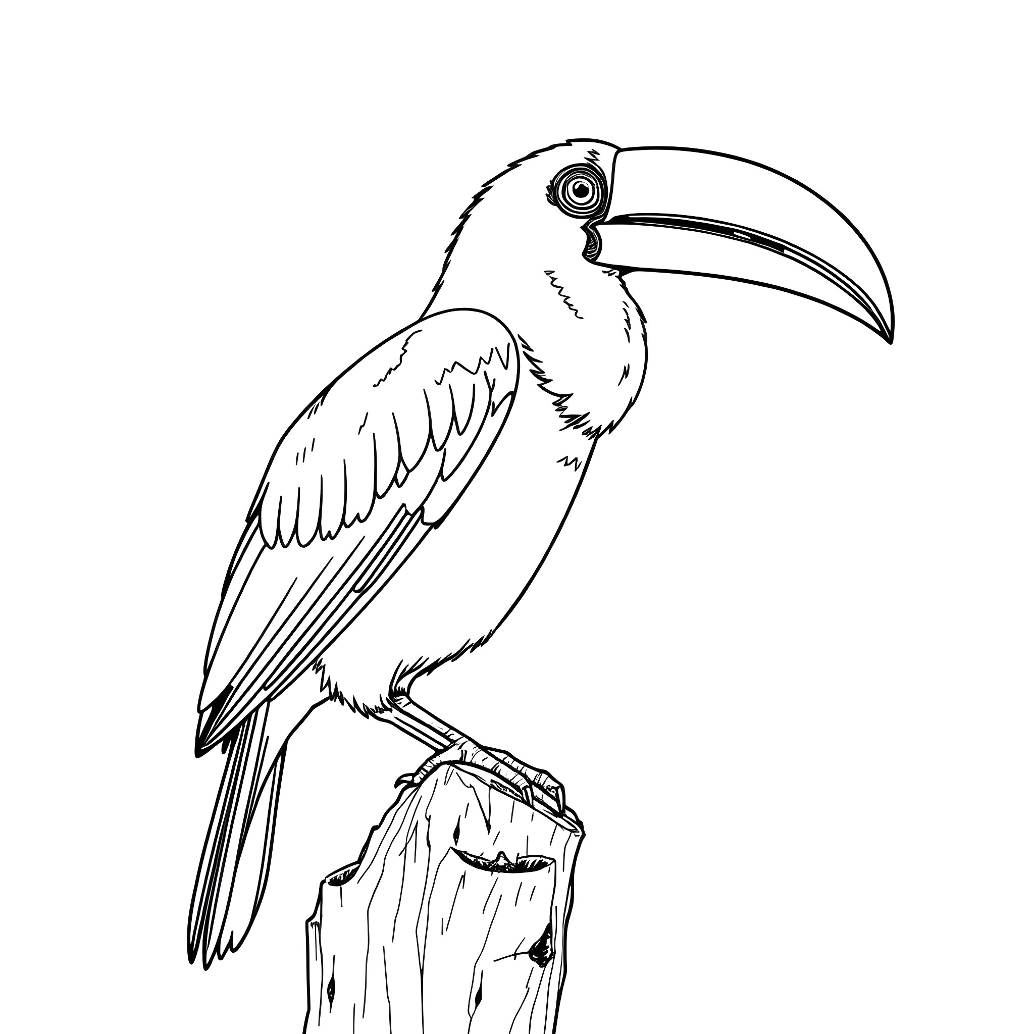 Toucanet perching on wooden branch Coloring Page (free black-and-white line drawing printable PDF for all, from beginners to advanced learners, including children, teens, adults, and seniors)