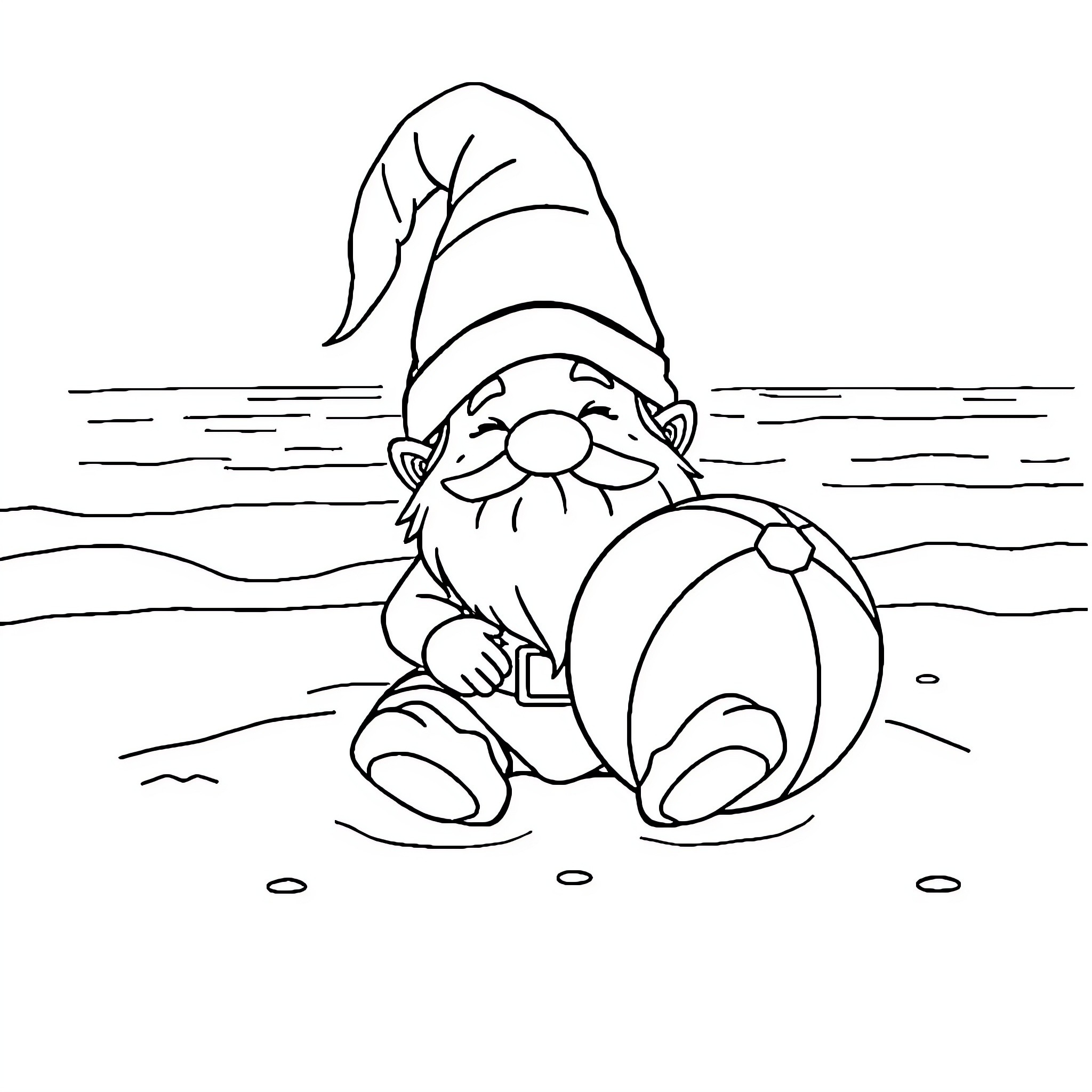 Gnome enjoying a relaxing day at the beach Coloring Page (free black-and-white line drawing printable PDF for all, from beginners to advanced learners, including children, teens, adults, and seniors)