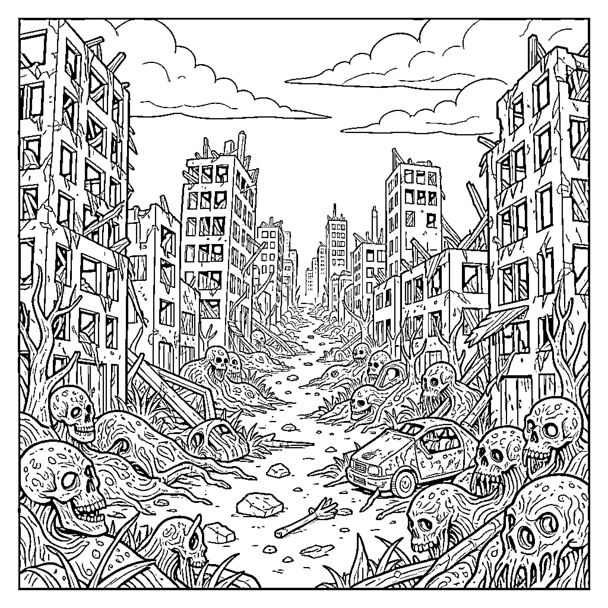 Fallout: Ruins of a Dystopian City Coloring Page (free black-and-white line drawing printable PDF for all, from beginners to advanced learners, including children, teens, adults, and seniors)