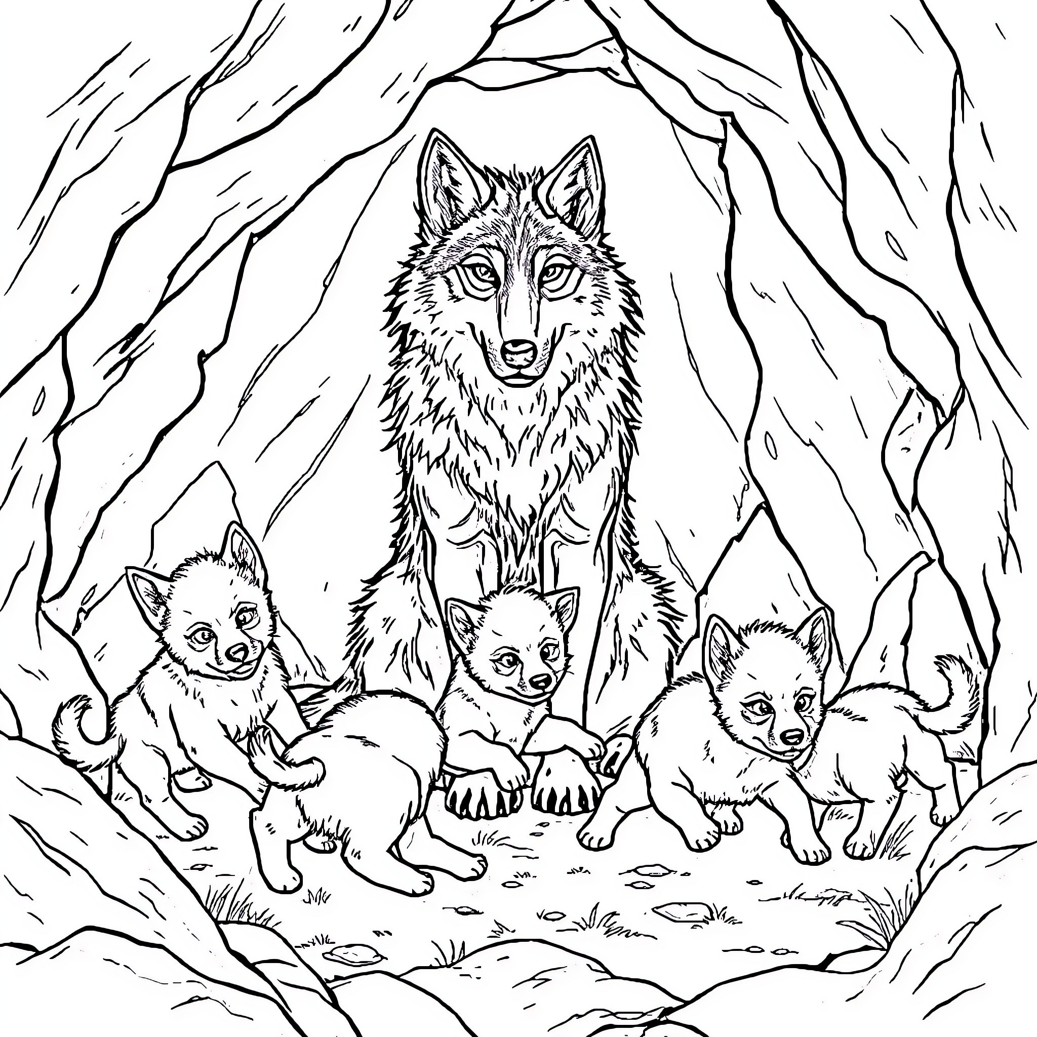 Wolf and her cubs in the forest Coloring Page (free black-and-white line drawing printable PDF for all, from beginners to advanced learners, including children, teens, adults, and seniors)