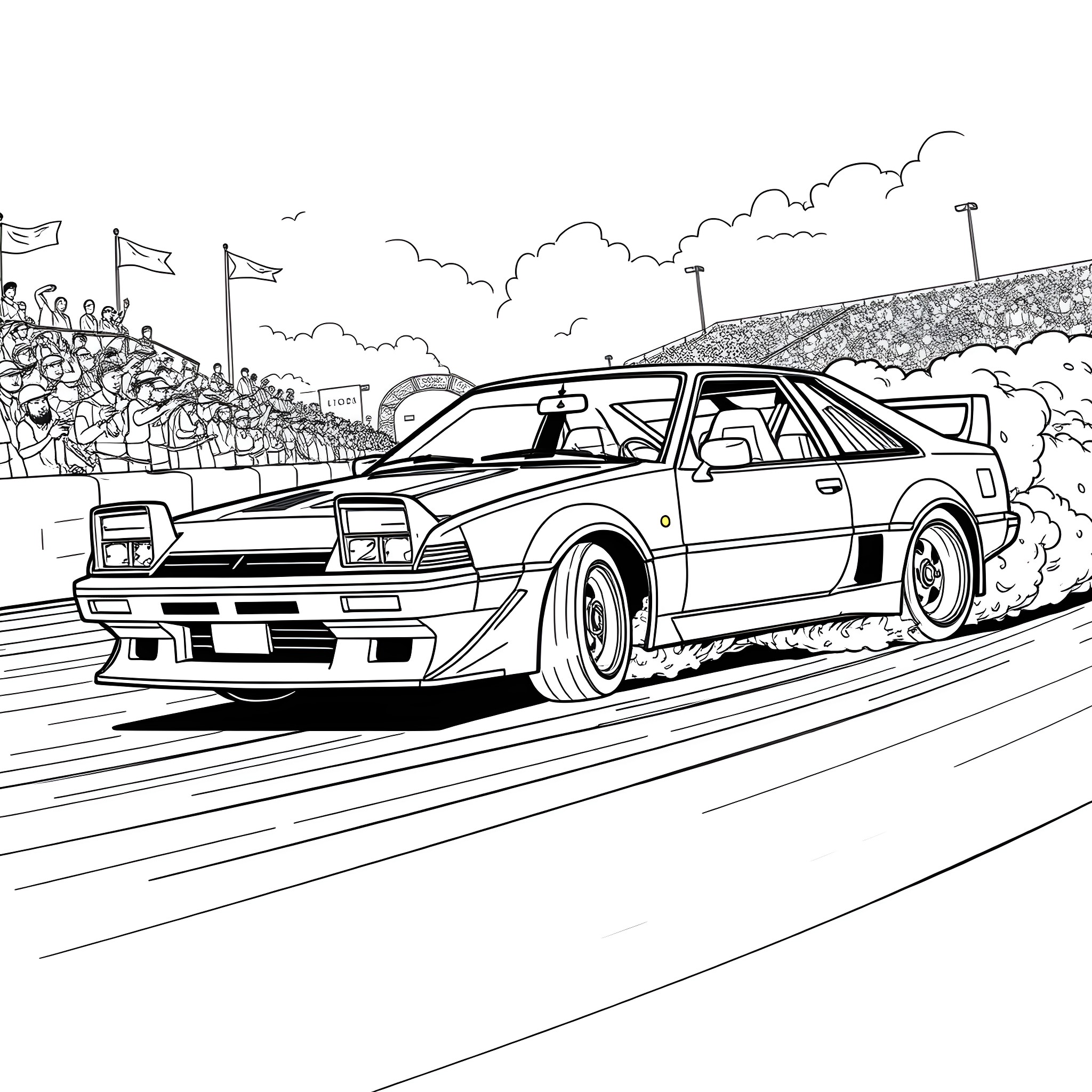 Mitsubishi Starion racing on a track with spectators Coloring Page (free black-and-white line drawing printable PDF for all, from beginners to advanced learners, including children, teens, adults, and seniors)