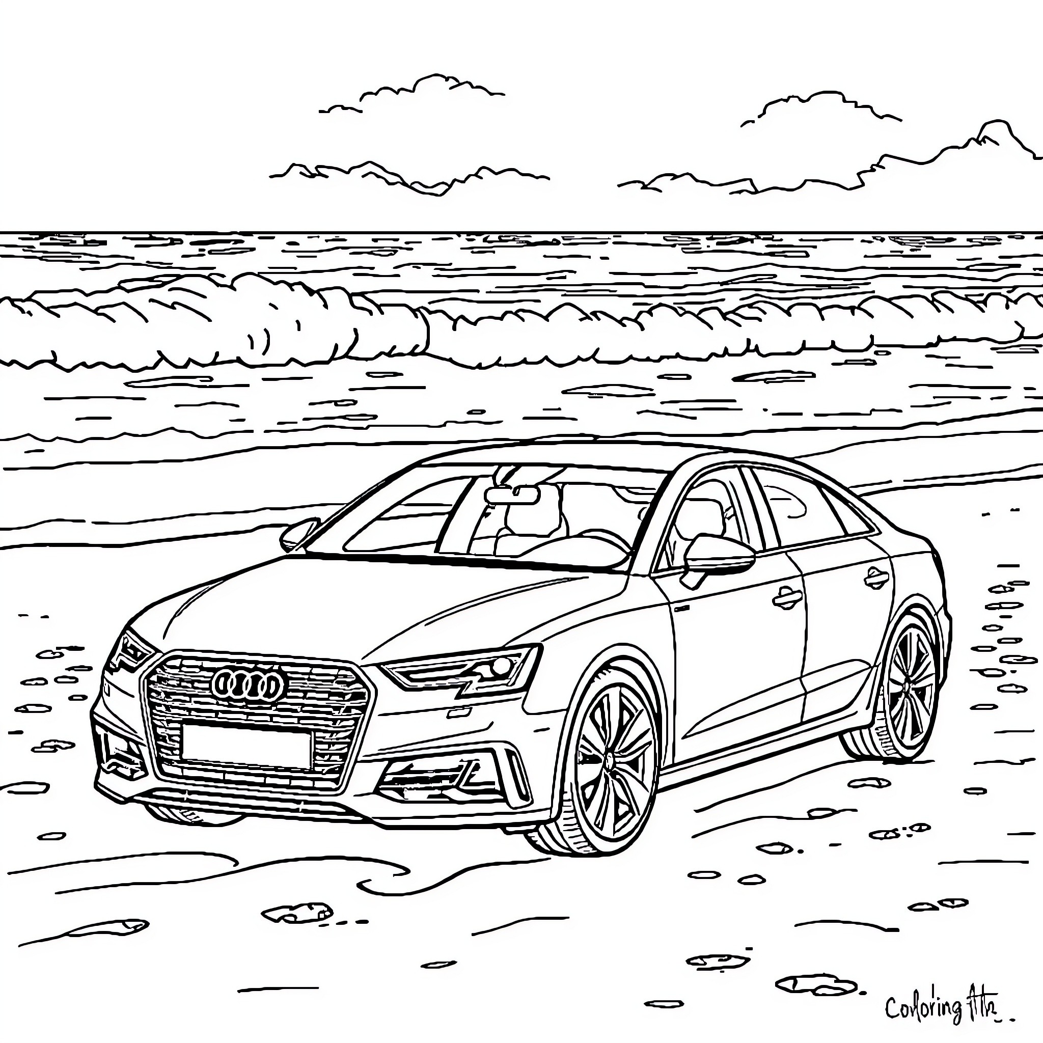 Audi car driving along the beach Coloring Page (free black-and-white line drawing printable PDF for all, from beginners to advanced learners, including children, teens, adults, and seniors)