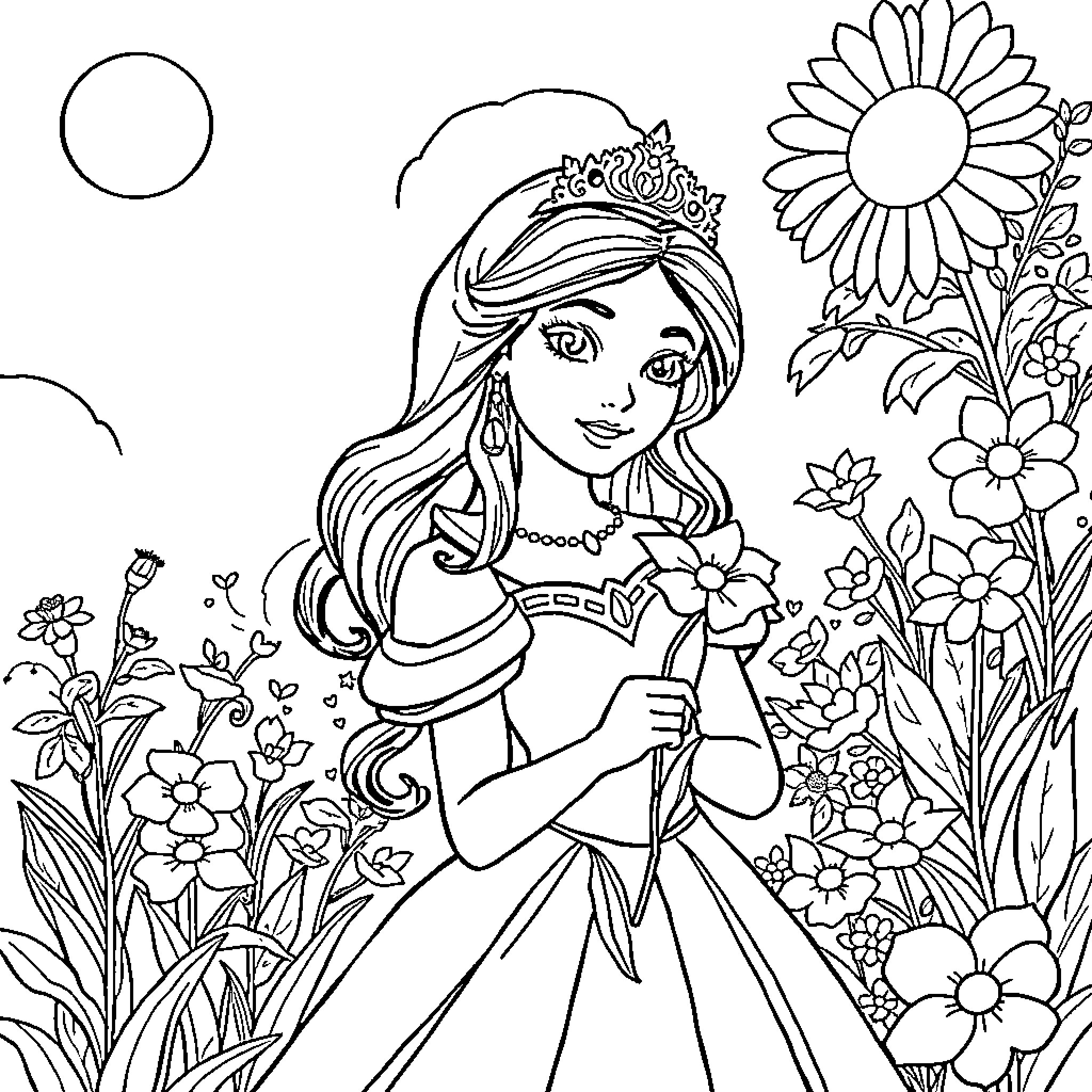 Princess surrounded by beautiful flowers Coloring Page (free black-and-white line drawing printable PDF for all, from beginners to advanced learners, including children, teens, adults, and seniors)