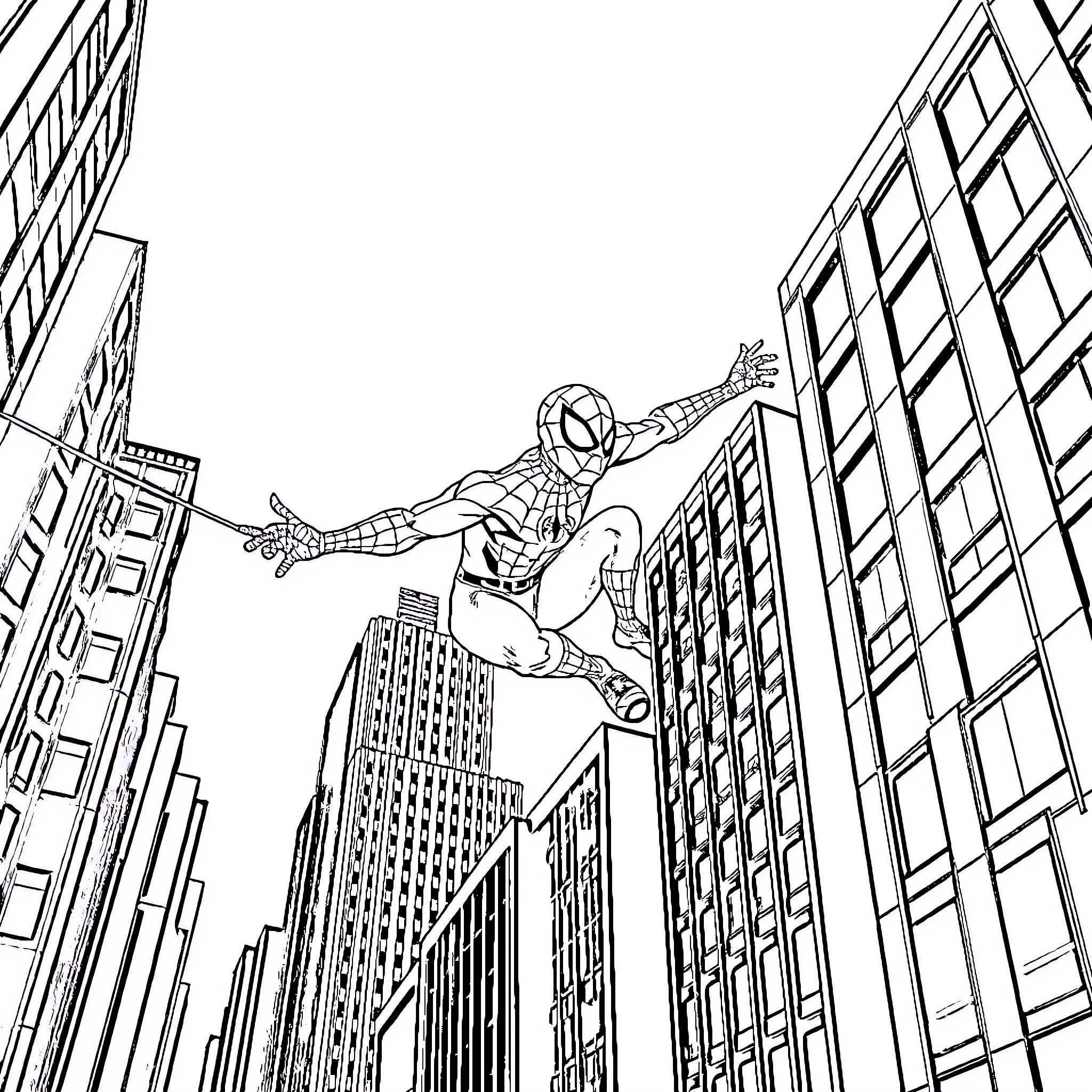Spiderman swinging through the city skyline Coloring Page (free black-and-white line drawing printable PDF for all, from beginners to advanced learners, including children, teens, adults, and seniors)