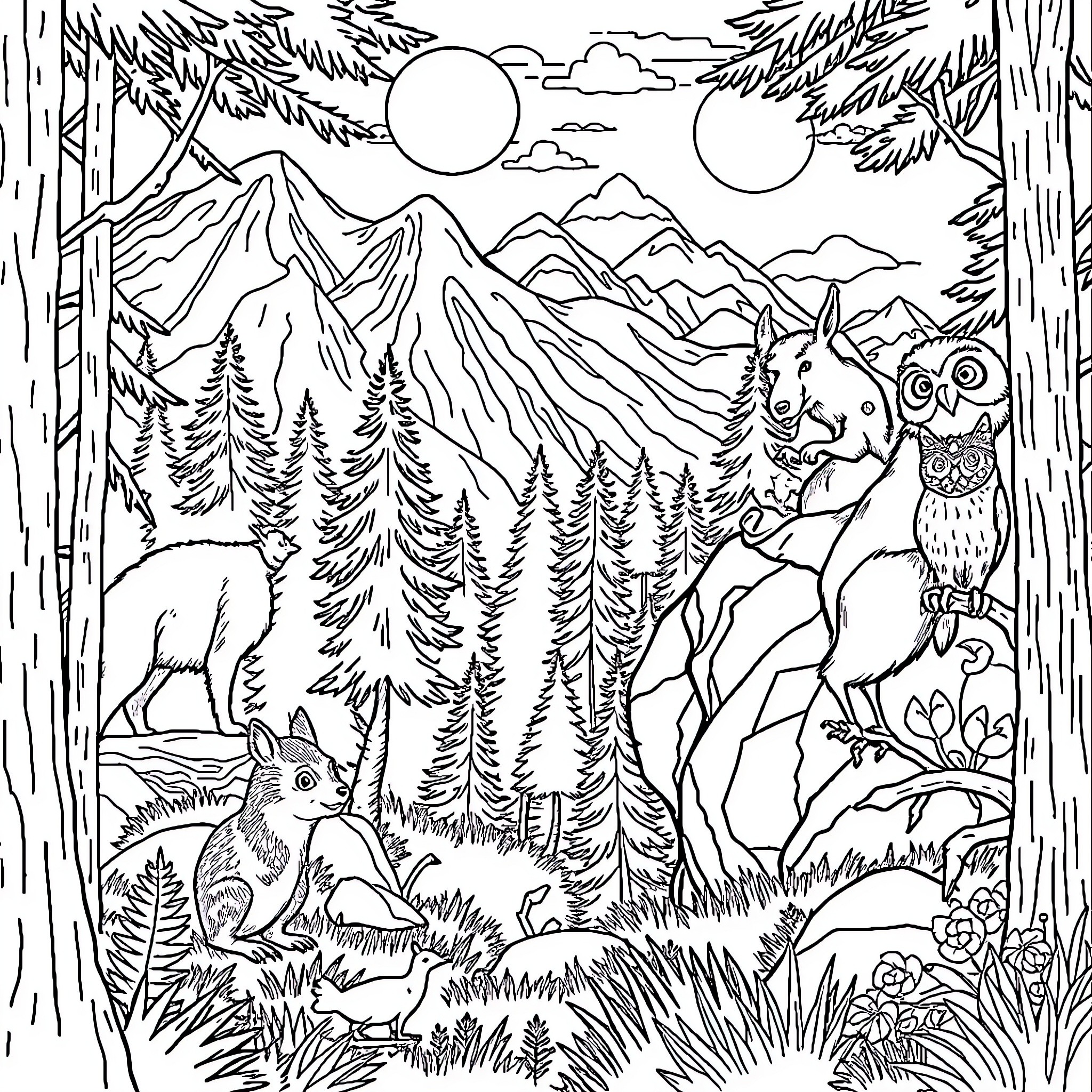 Animal woodland scene with mountain landscape Coloring Page (free black-and-white line drawing printable PDF for all, from beginners to advanced learners, including children, teens, adults, and seniors)