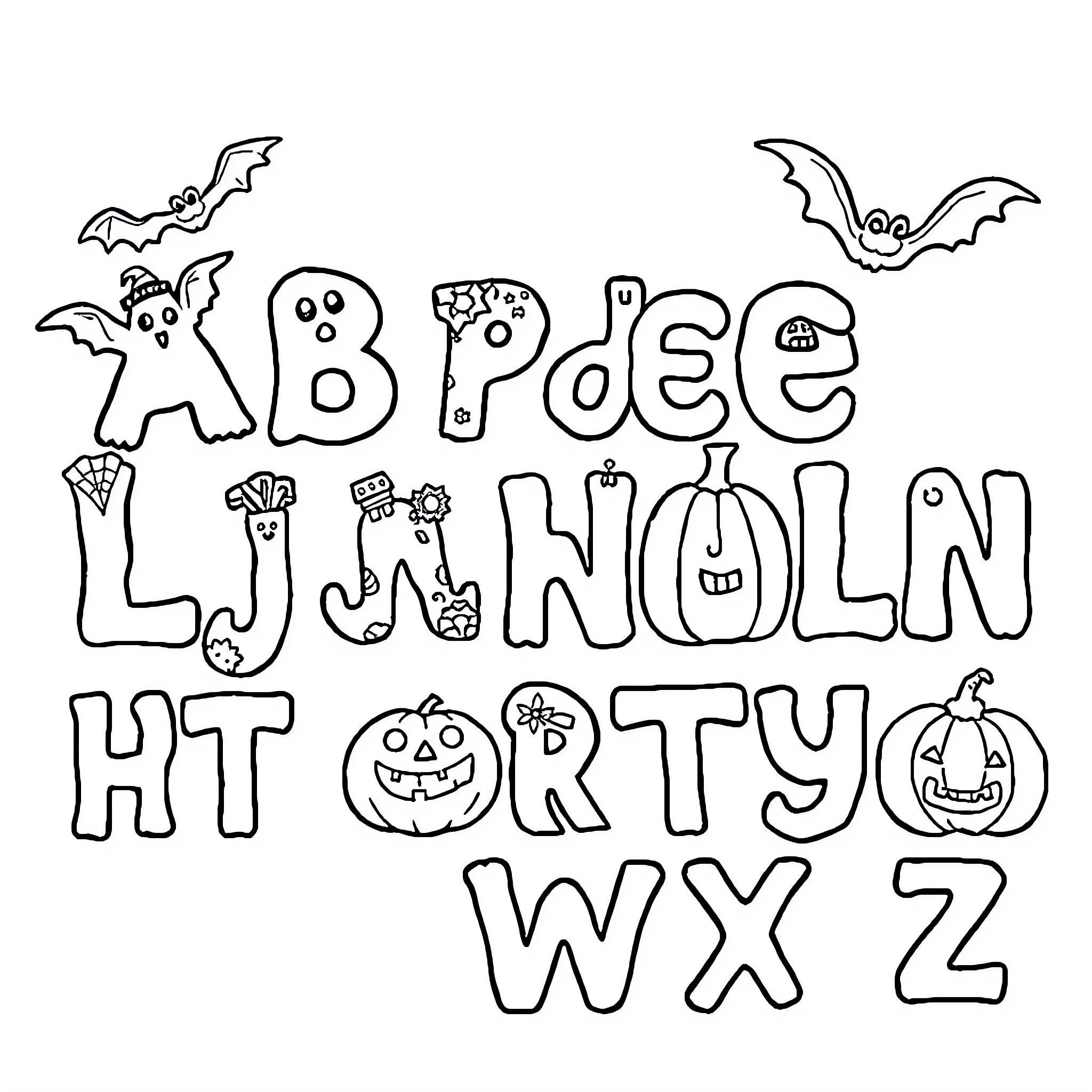 Alphabet of Halloween-themed characters and objects Coloring Page (free black-and-white line drawing printable PDF for all, from beginners to advanced learners, including children, teens, adults, and seniors)