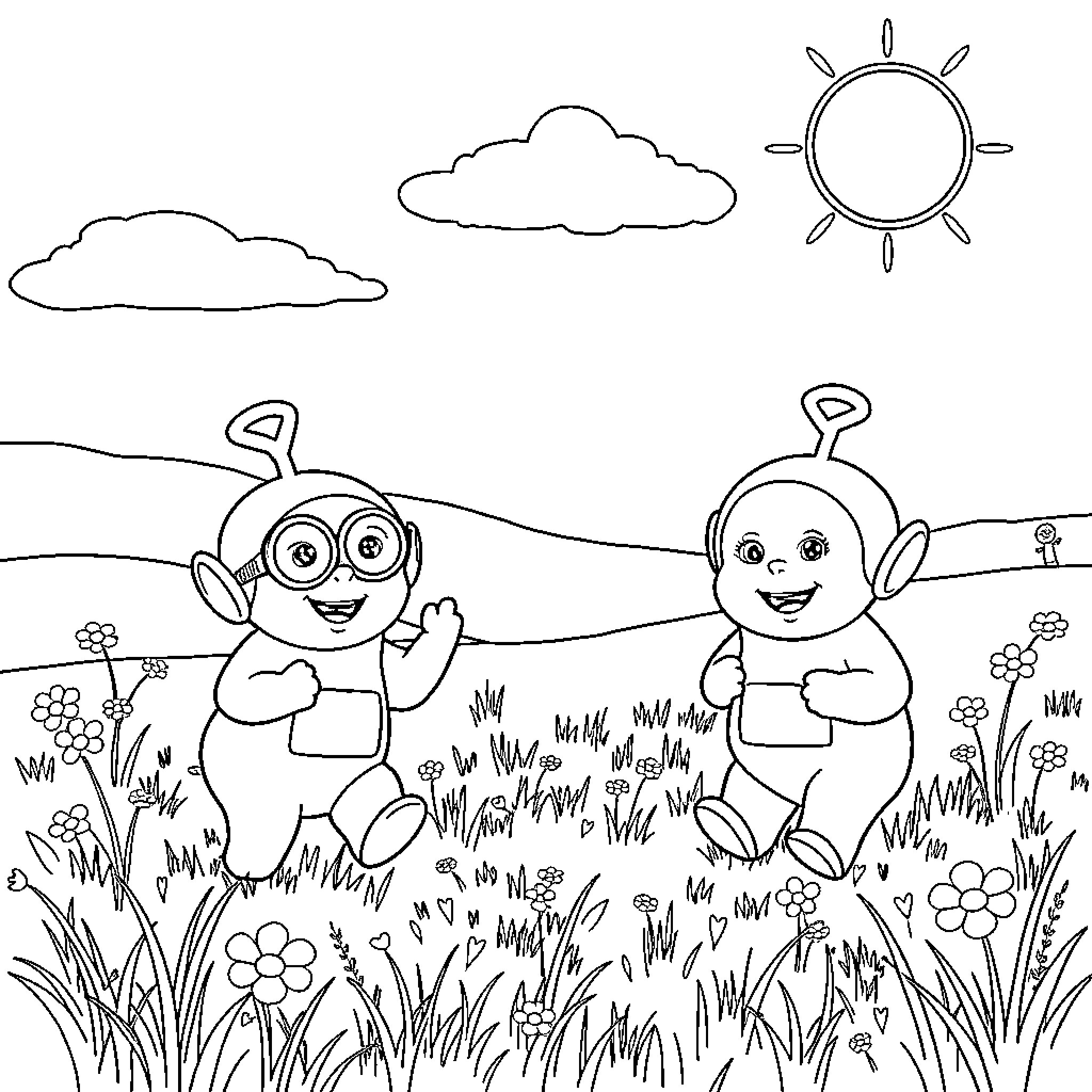 Teletubbies enjoying a sunny day in the meadow Coloring Page (free black-and-white line drawing printable PDF for all, from beginners to advanced learners, including children, teens, adults, and seniors)