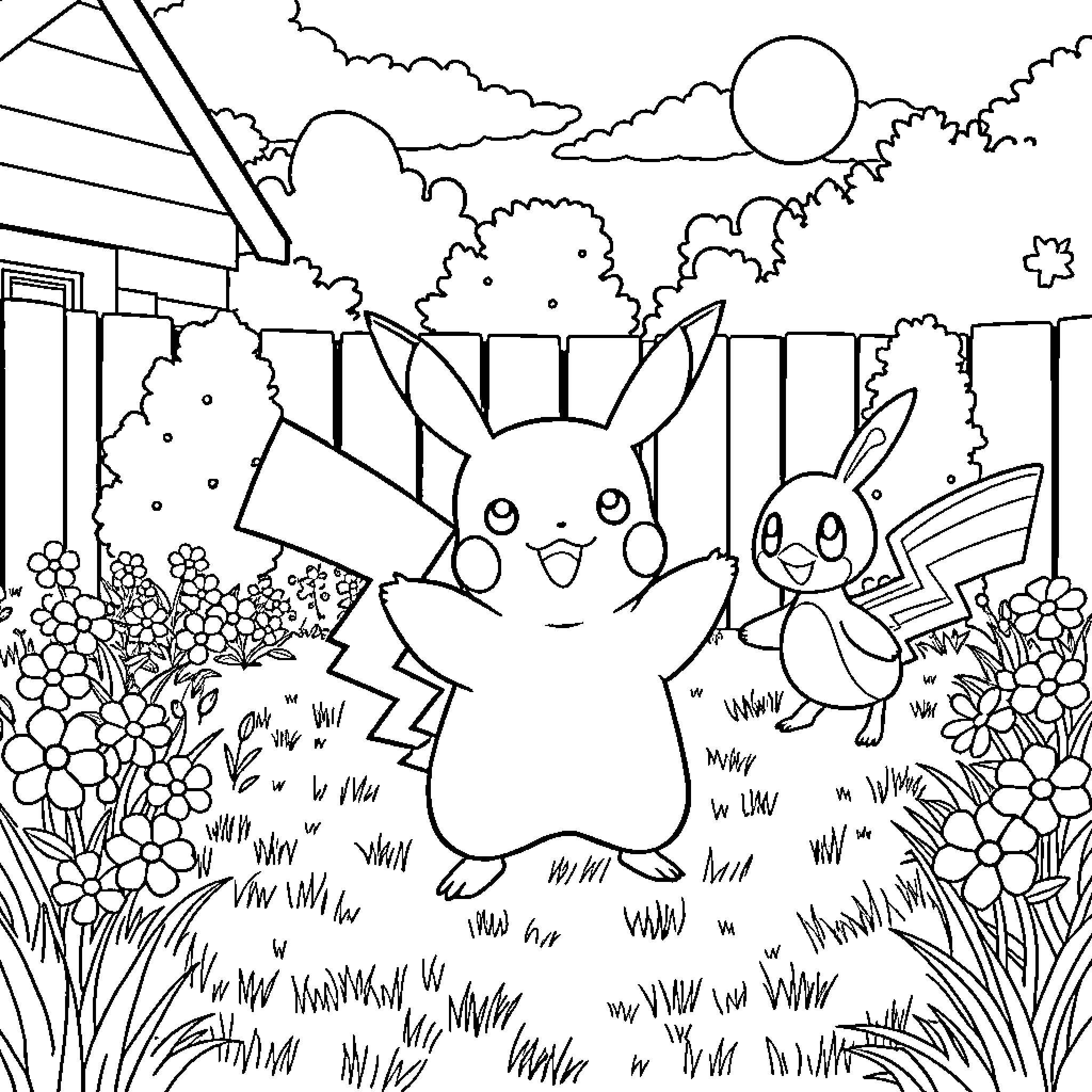 Pikachu and friends in a cheerful outdoor scene Coloring Page (free black-and-white line drawing printable PDF for all, from beginners to advanced learners, including children, teens, adults, and seniors)