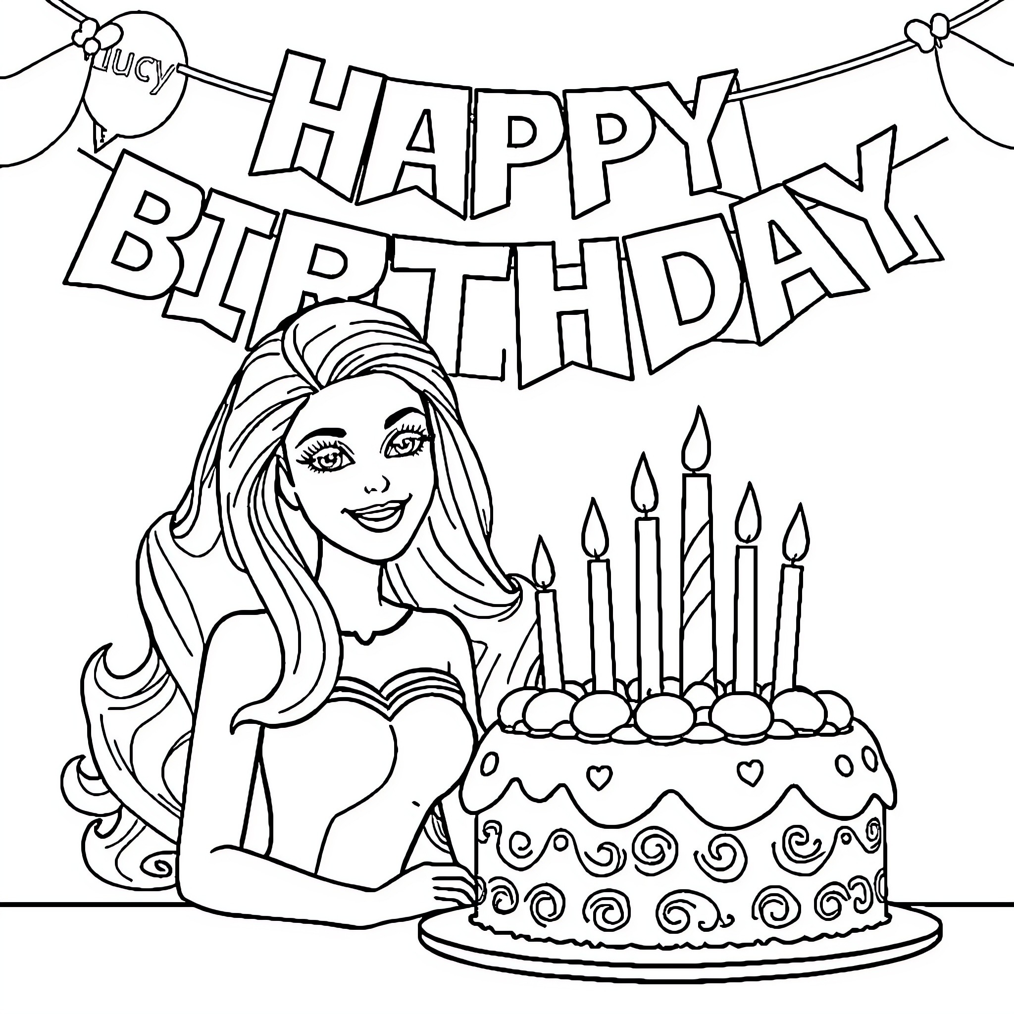 Barbie celebrates a happy birthday with cake and decorations Coloring Page (free black-and-white line drawing printable PDF for all, from beginners to advanced learners, including children, teens, adults, and seniors)