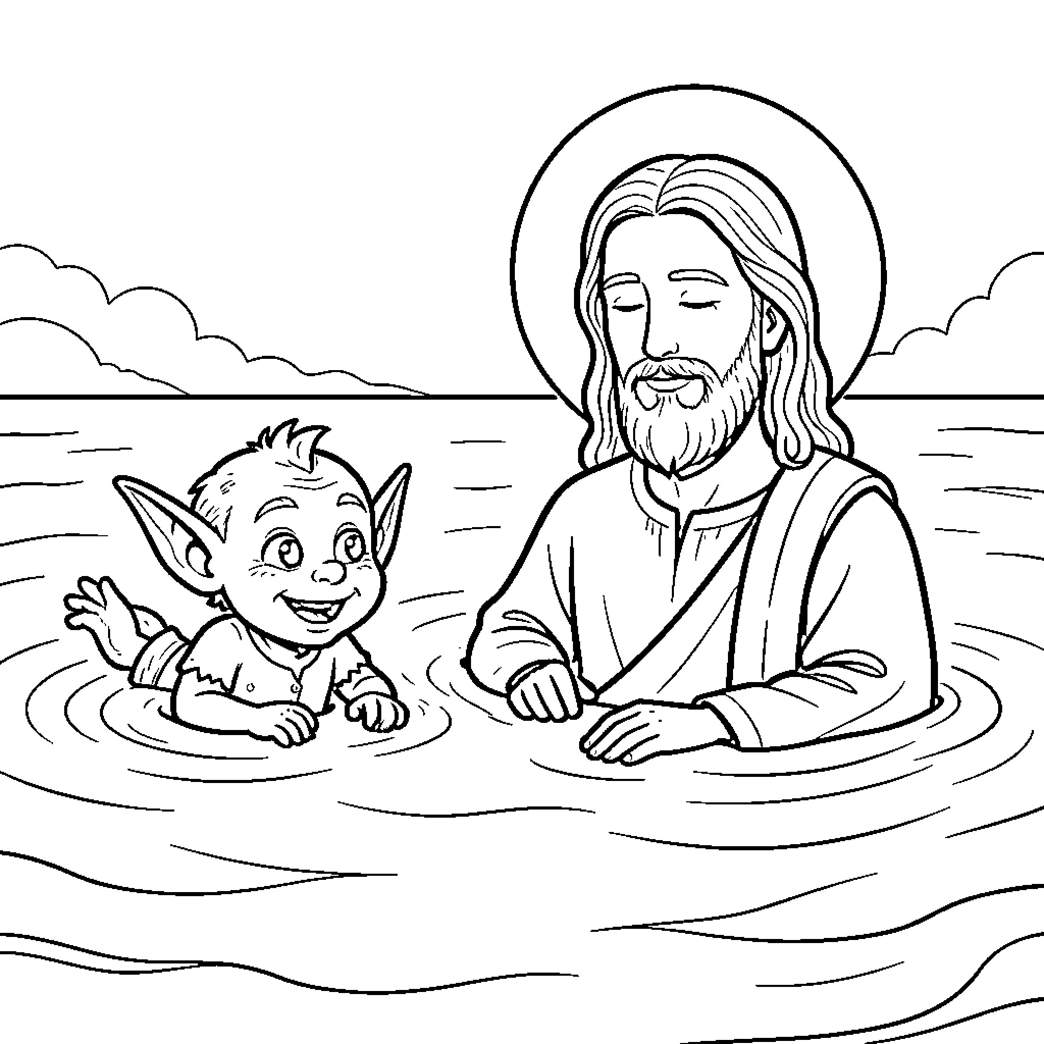 Goblin smiling while wading in the water with a saint Coloring Page (free black-and-white line drawing printable PDF for all, from beginners to advanced learners, including children, teens, adults, and seniors)