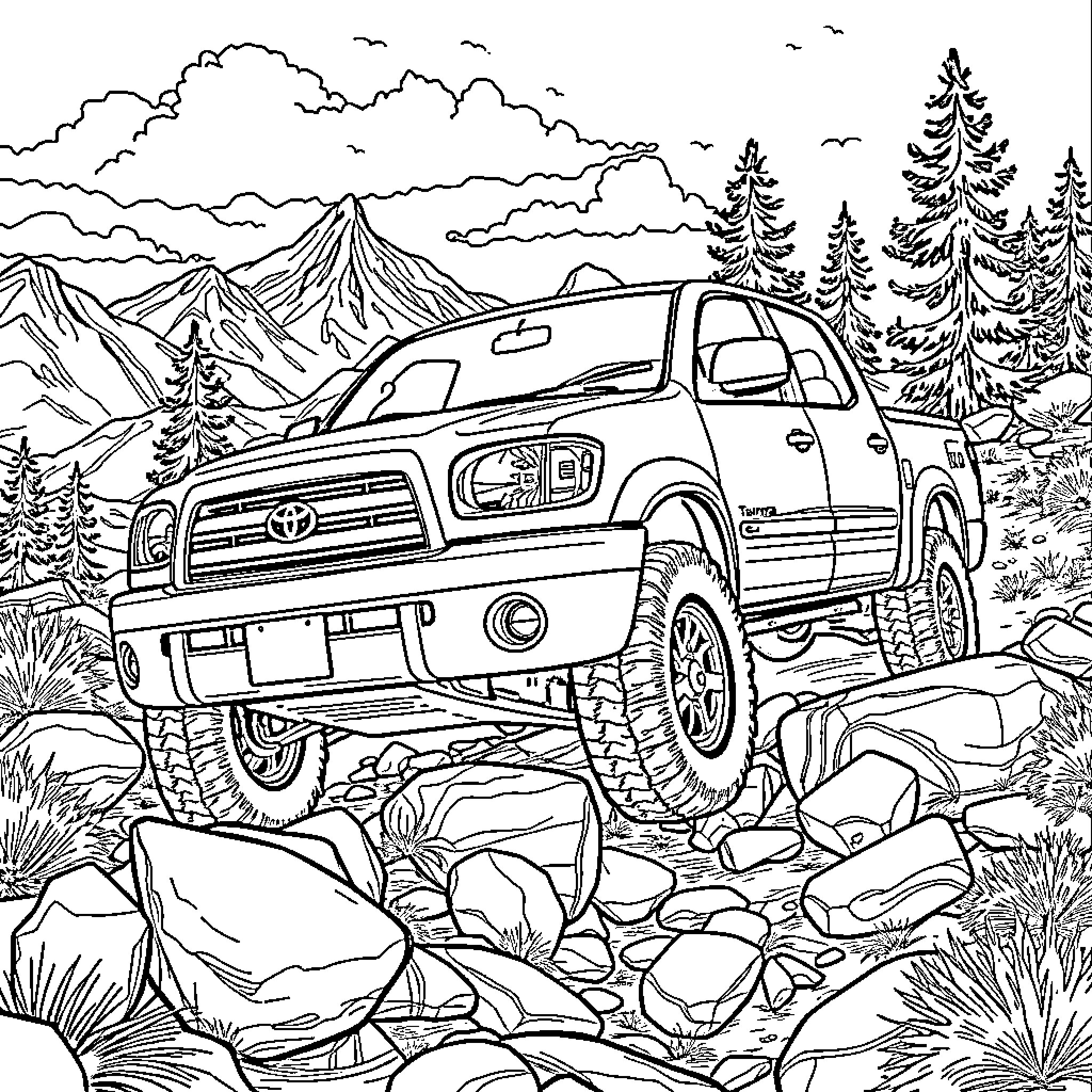 Toyota truck traversing rugged mountain terrain Coloring Page (free black-and-white line drawing printable PDF for all, from beginners to advanced learners, including children, teens, adults, and seniors)