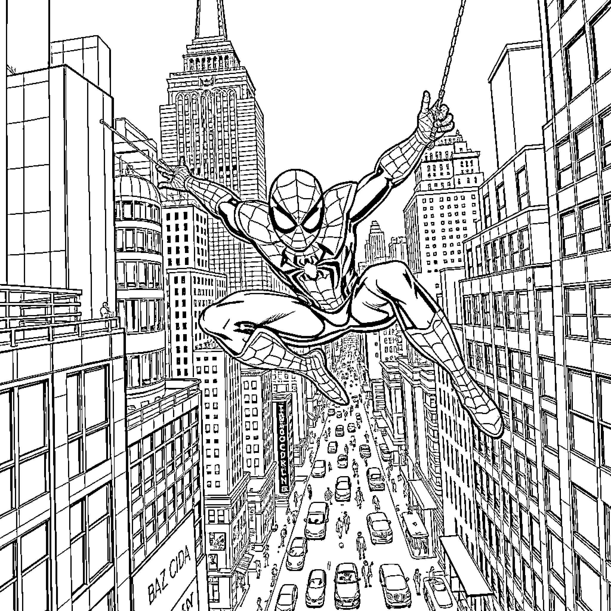 Spider-Man swinging through the city skyline Coloring Page (free black-and-white line drawing printable PDF for all, from beginners to advanced learners, including children, teens, adults, and seniors)