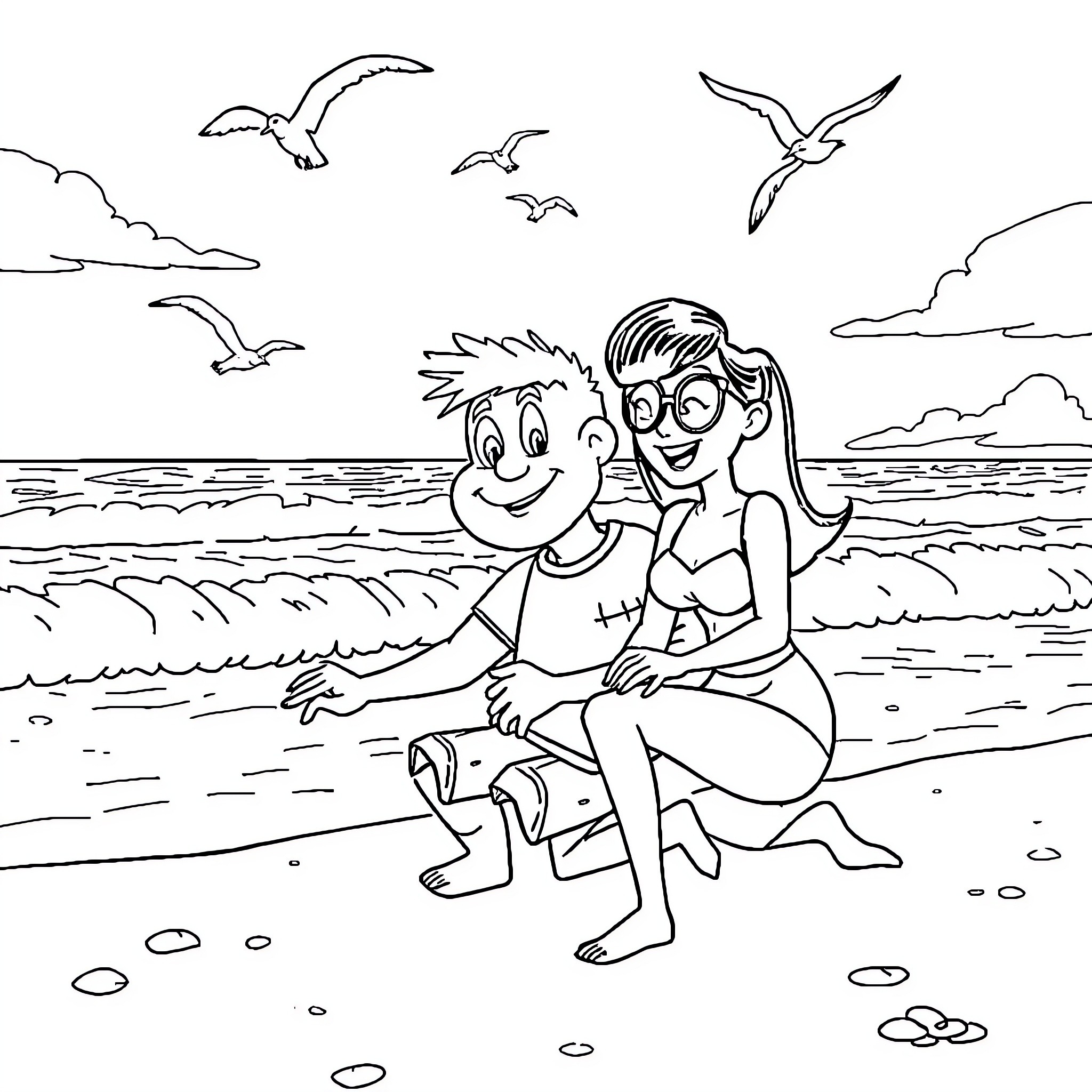 Sportacus enjoying the beach with a friend Coloring Page (free black-and-white line drawing printable PDF for all, from beginners to advanced learners, including children, teens, adults, and seniors)