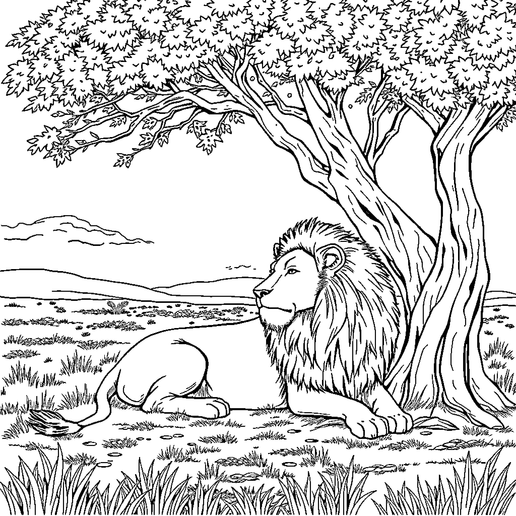 Lion resting peacefully under the tree Coloring Page (free black-and-white line drawing printable PDF for all, from beginners to advanced learners, including children, teens, adults, and seniors)