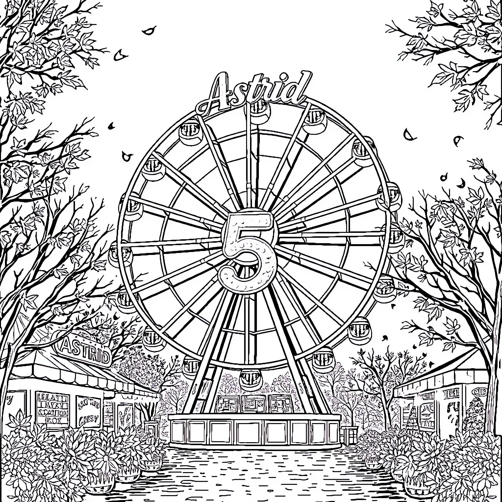Ferris Wheel at an Amusement Park Coloring Page (free black-and-white line drawing printable PDF for all, from beginners to advanced learners, including children, teens, adults, and seniors)