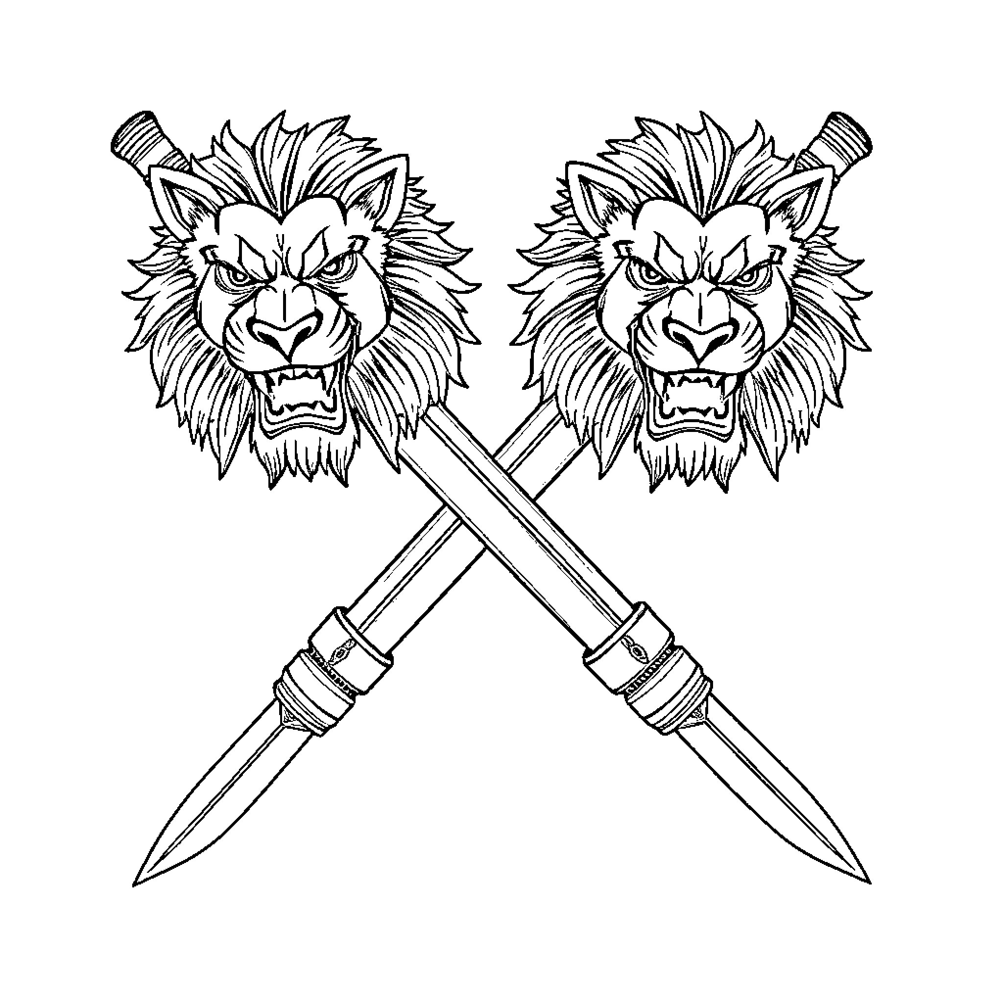Nunchucks wielding fierce lion-like warriors Coloring Page (free black-and-white line drawing printable PDF for all, from beginners to advanced learners, including children, teens, adults, and seniors)