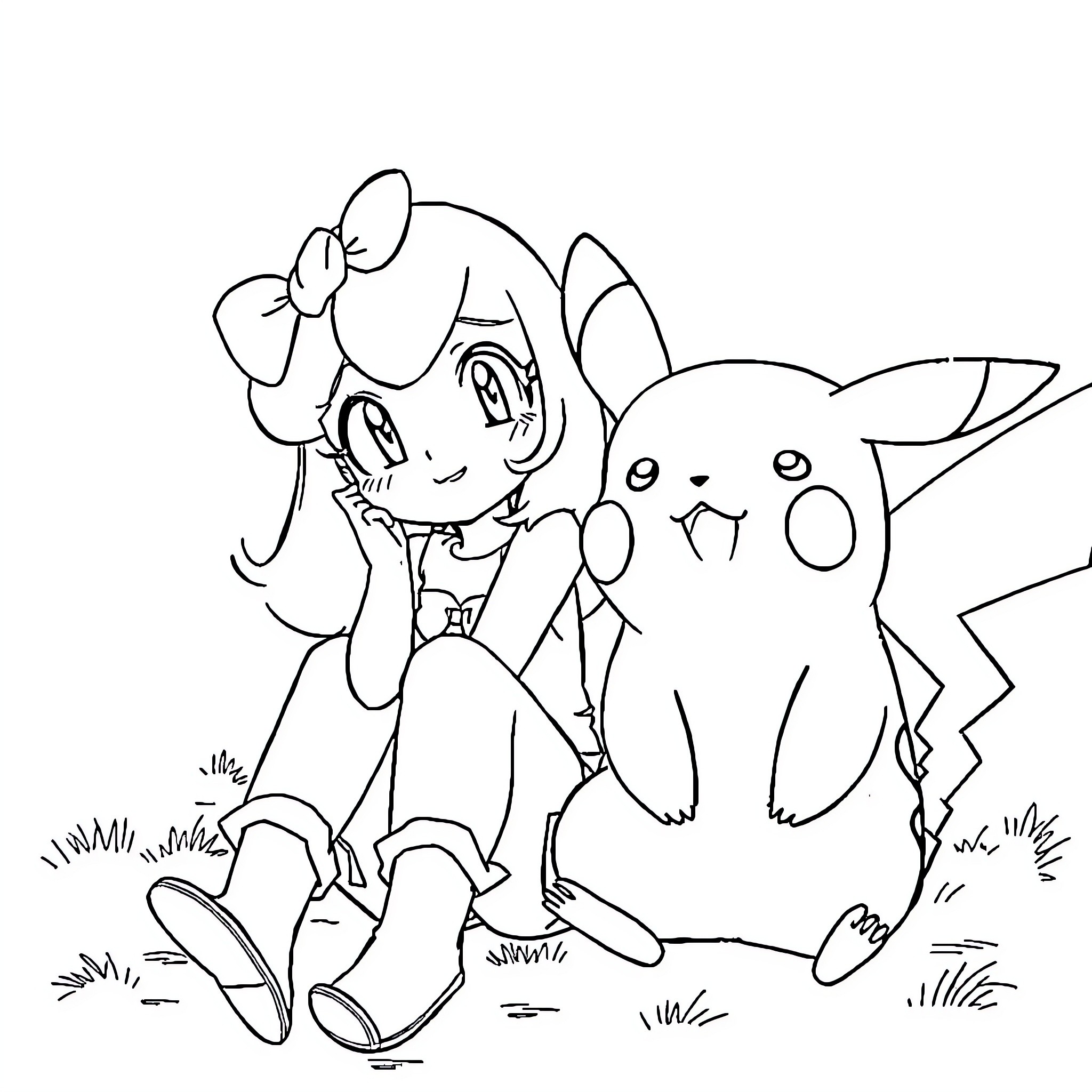 Misty's Playful Adventure with Pikachu Coloring Page (free black-and-white line drawing printable PDF for all, from beginners to advanced learners, including children, teens, adults, and seniors)