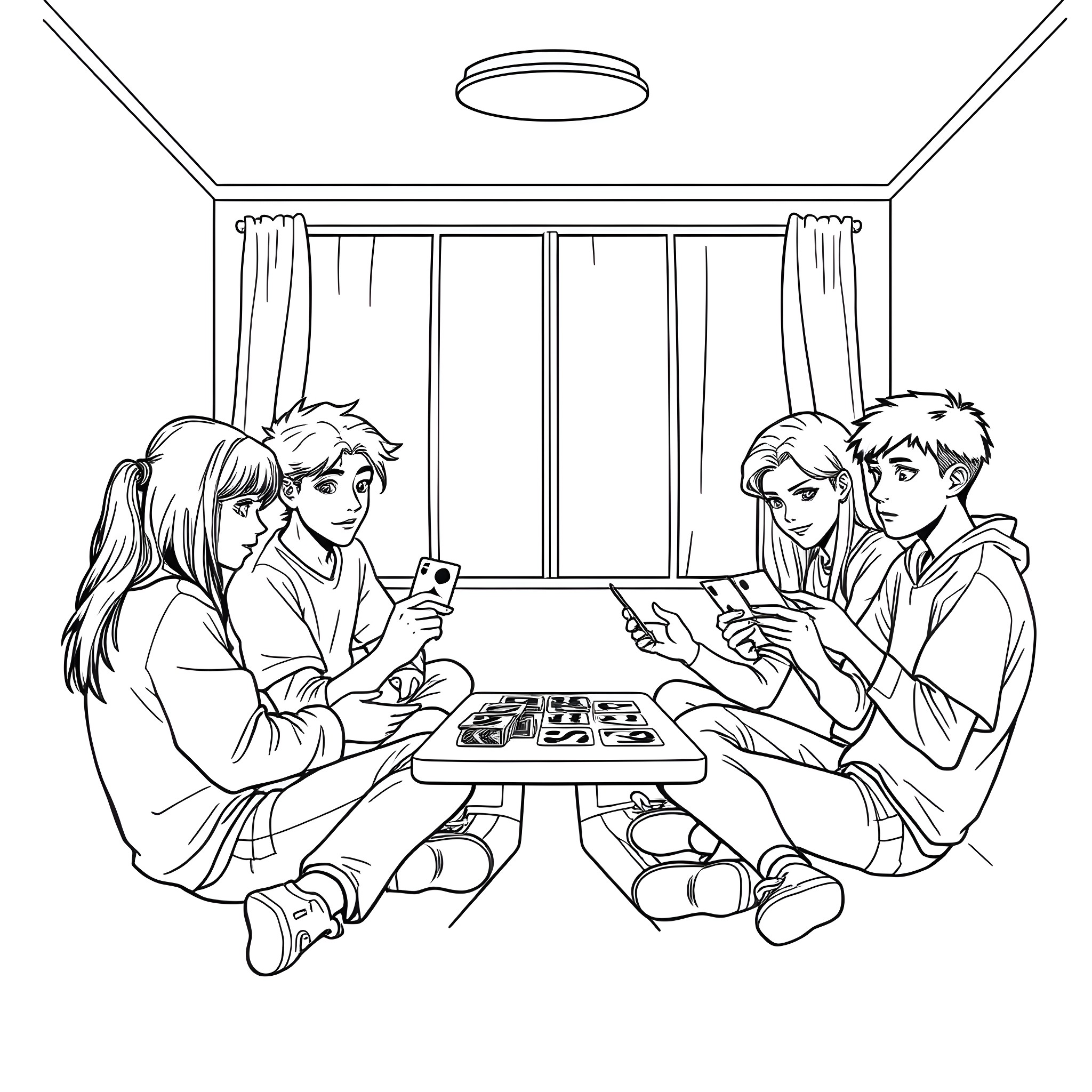 Teenagers playing board game together in living room Coloring Page (free black-and-white line drawing printable PDF for all, from beginners to advanced learners, including children, teens, adults, and seniors)