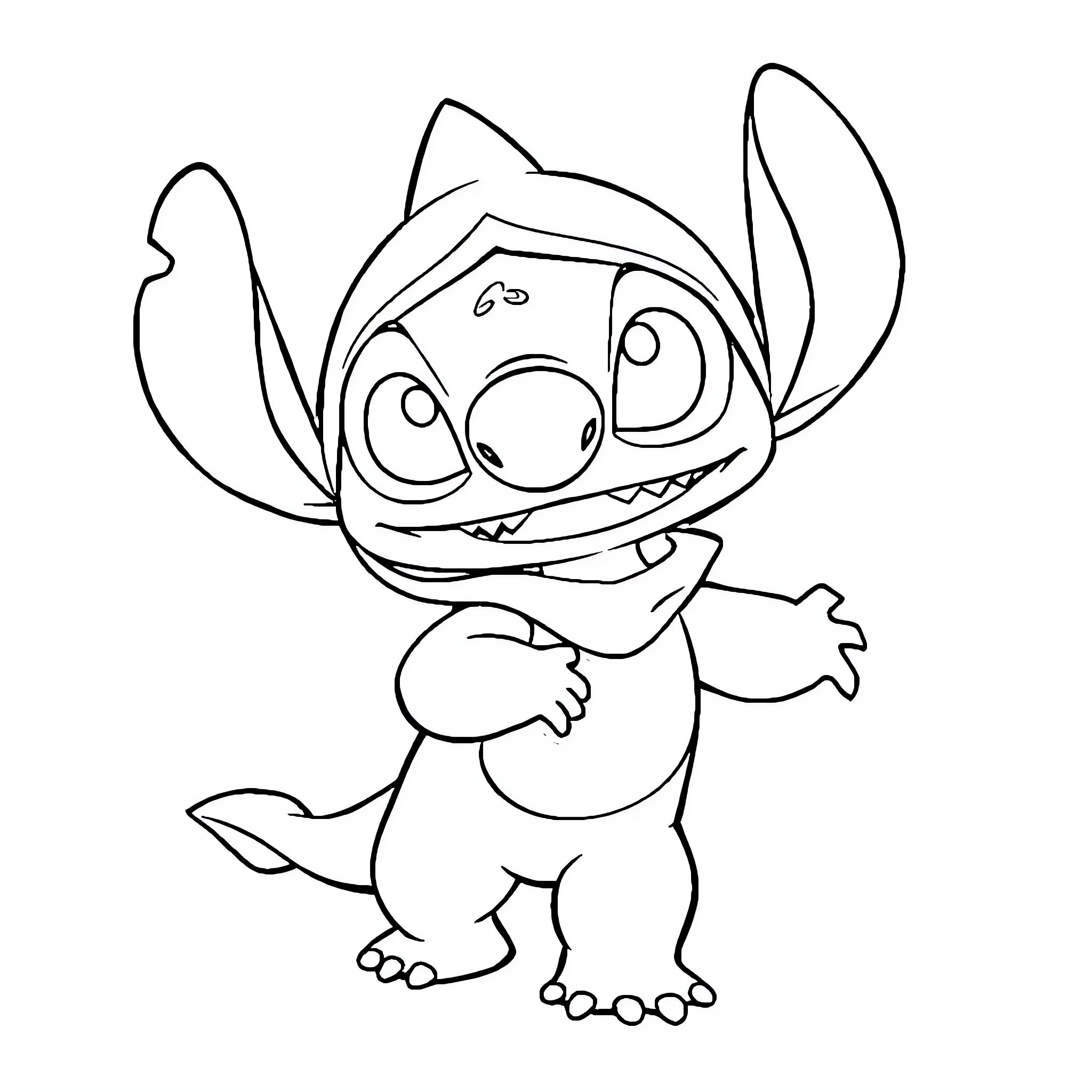 Stitch expressing mischievous joy Coloring Page (free black-and-white line drawing printable PDF for all, from beginners to advanced learners, including children, teens, adults, and seniors)