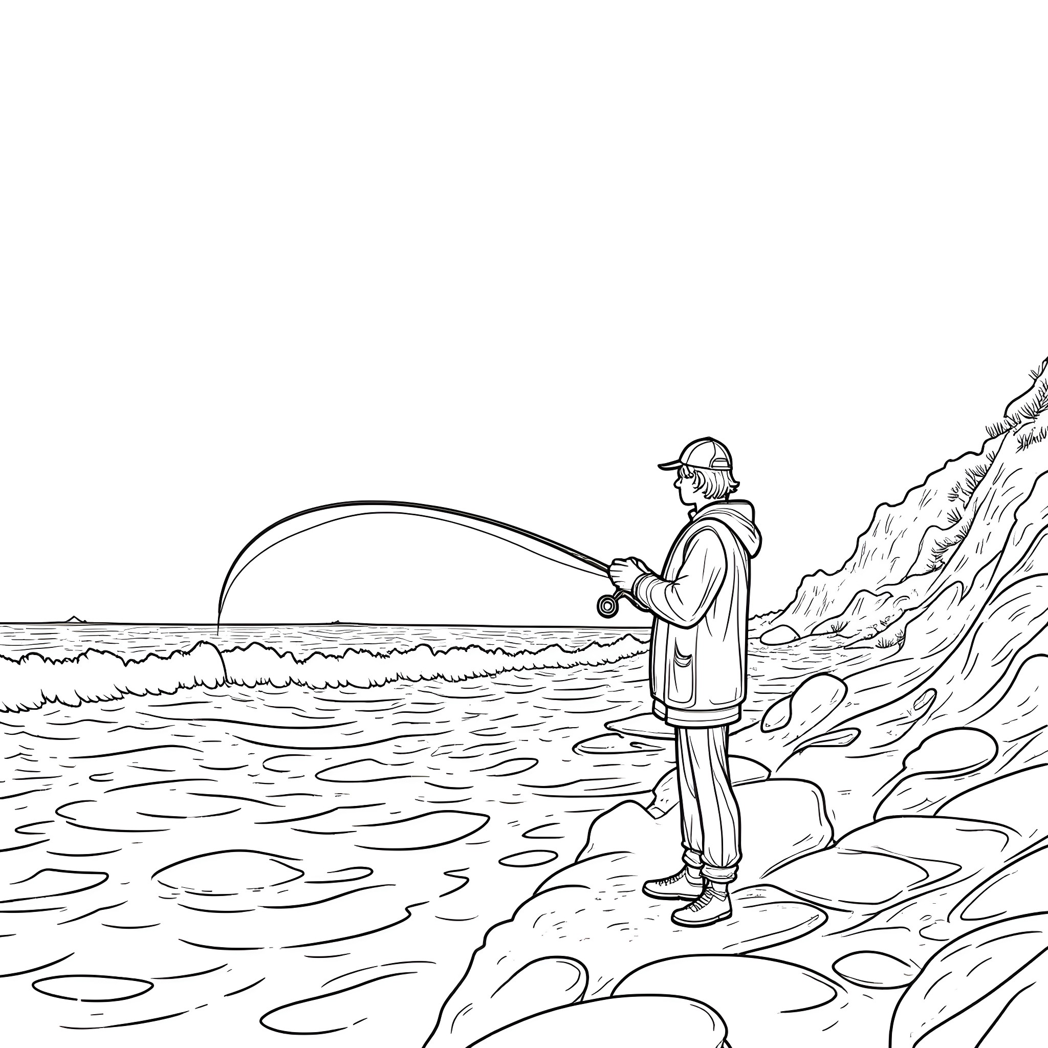 Fishing on the rocky coastline Coloring Page (free black-and-white line drawing printable PDF for all, from beginners to advanced learners, including children, teens, adults, and seniors)
