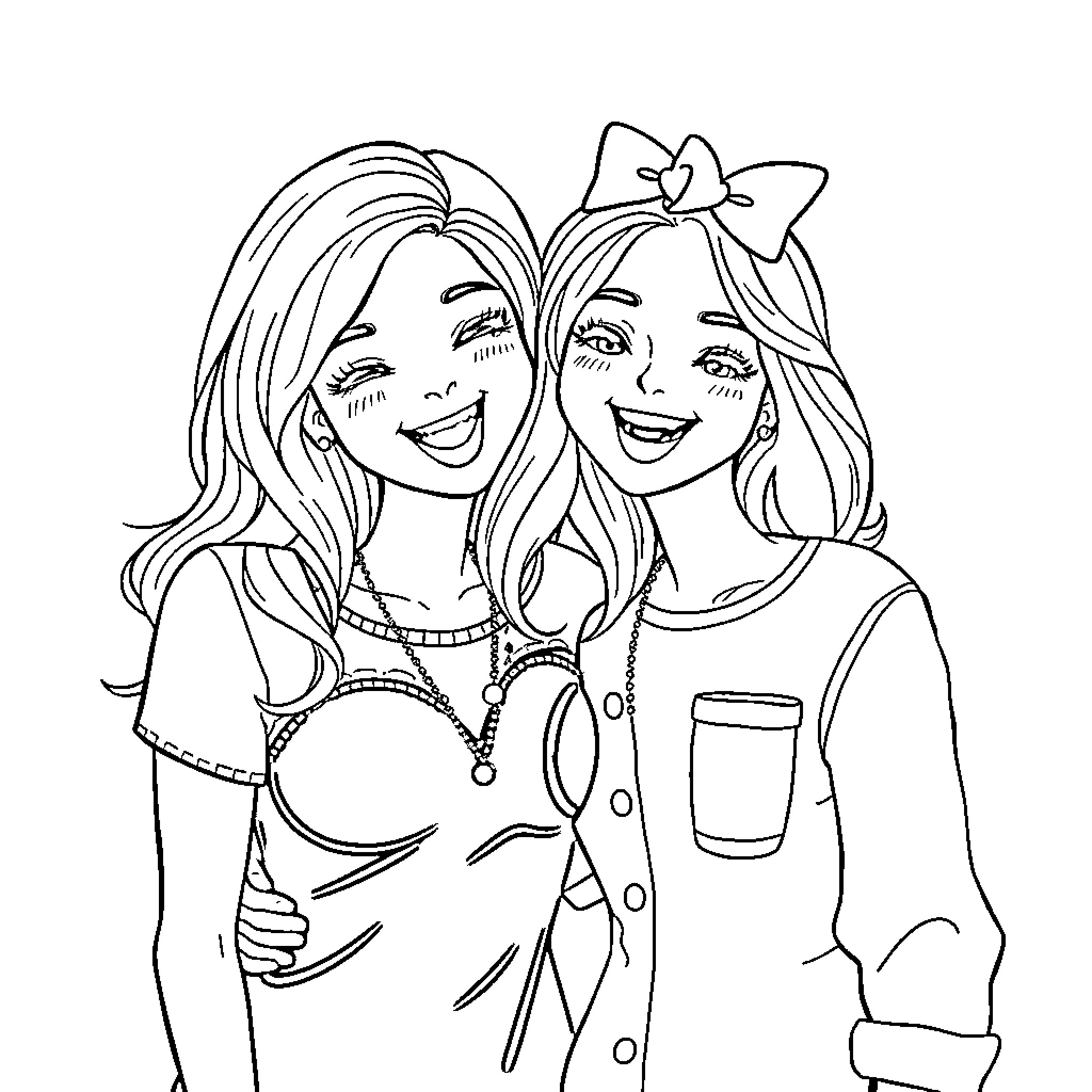 Amigas sharing a joyful moment together Coloring Page (free black-and-white line drawing printable PDF for all, from beginners to advanced learners, including children, teens, adults, and seniors)