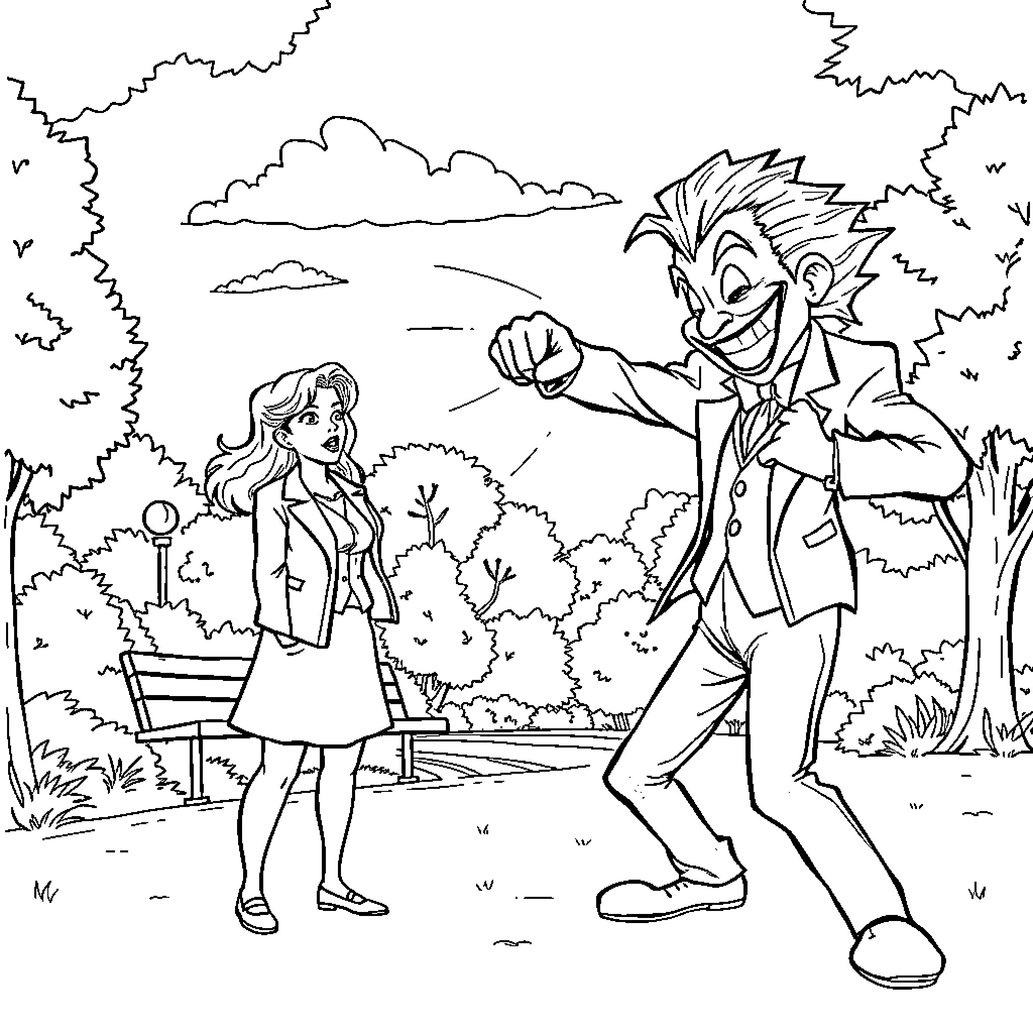 Joker's Mischievous Antics with a Puzzled Companion Coloring Page (free black-and-white line drawing printable PDF for all, from beginners to advanced learners, including children, teens, adults, and seniors)
