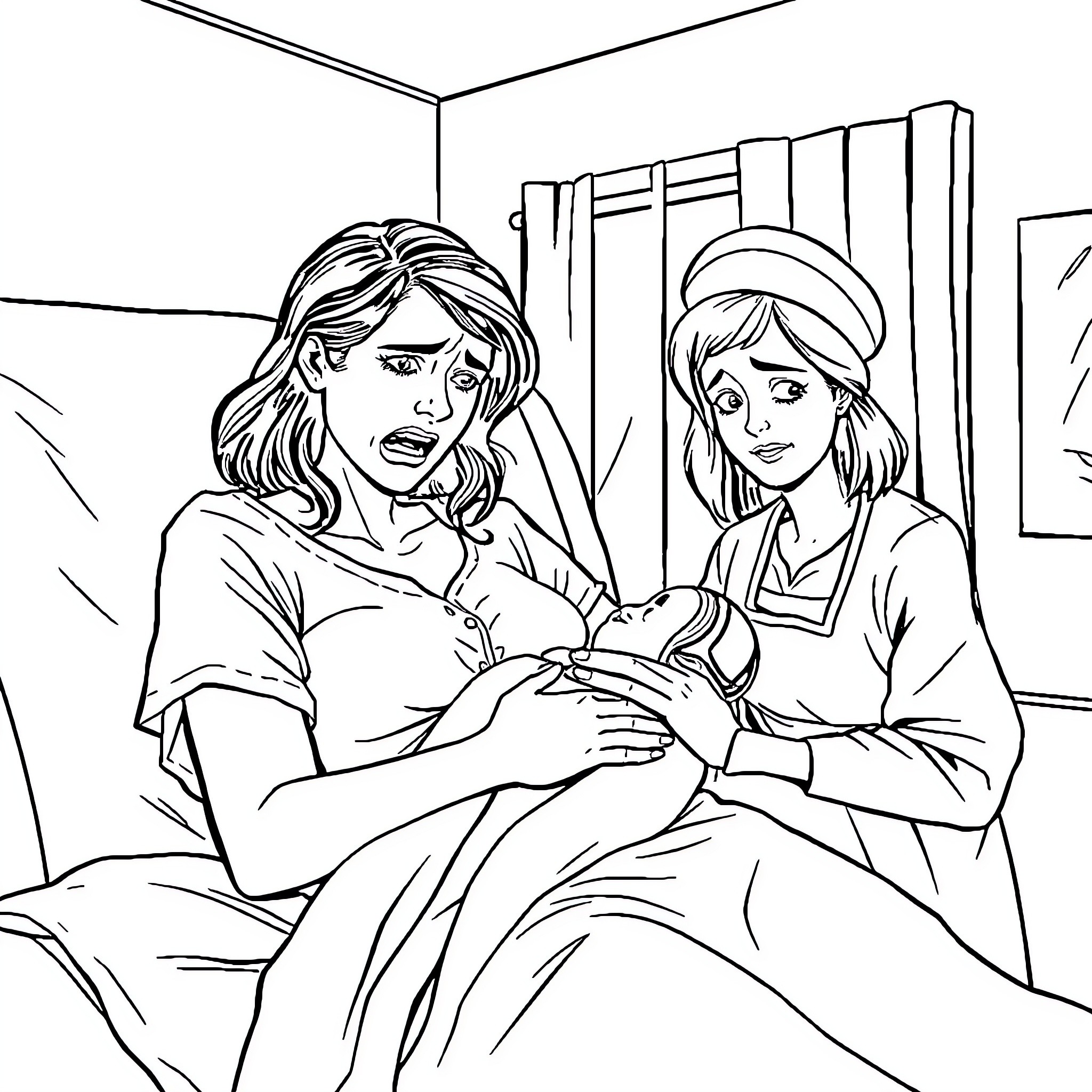 Woman receives medical care in hospital room Coloring Page (free black-and-white line drawing printable PDF for all, from beginners to advanced learners, including children, teens, adults, and seniors)