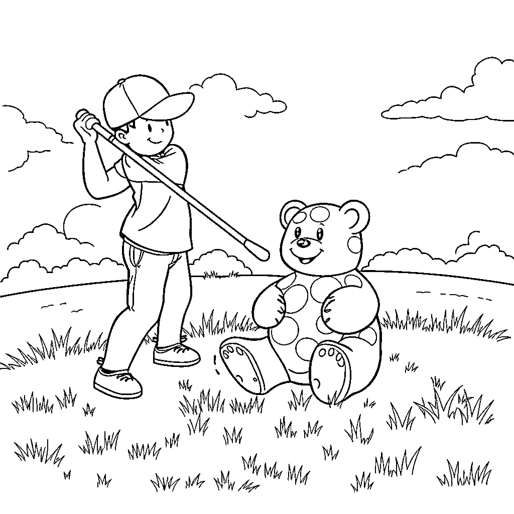 Gummy Bear playing outdoors with child Coloring Page (free black-and-white line drawing printable PDF for all, from beginners to advanced learners, including children, teens, adults, and seniors)