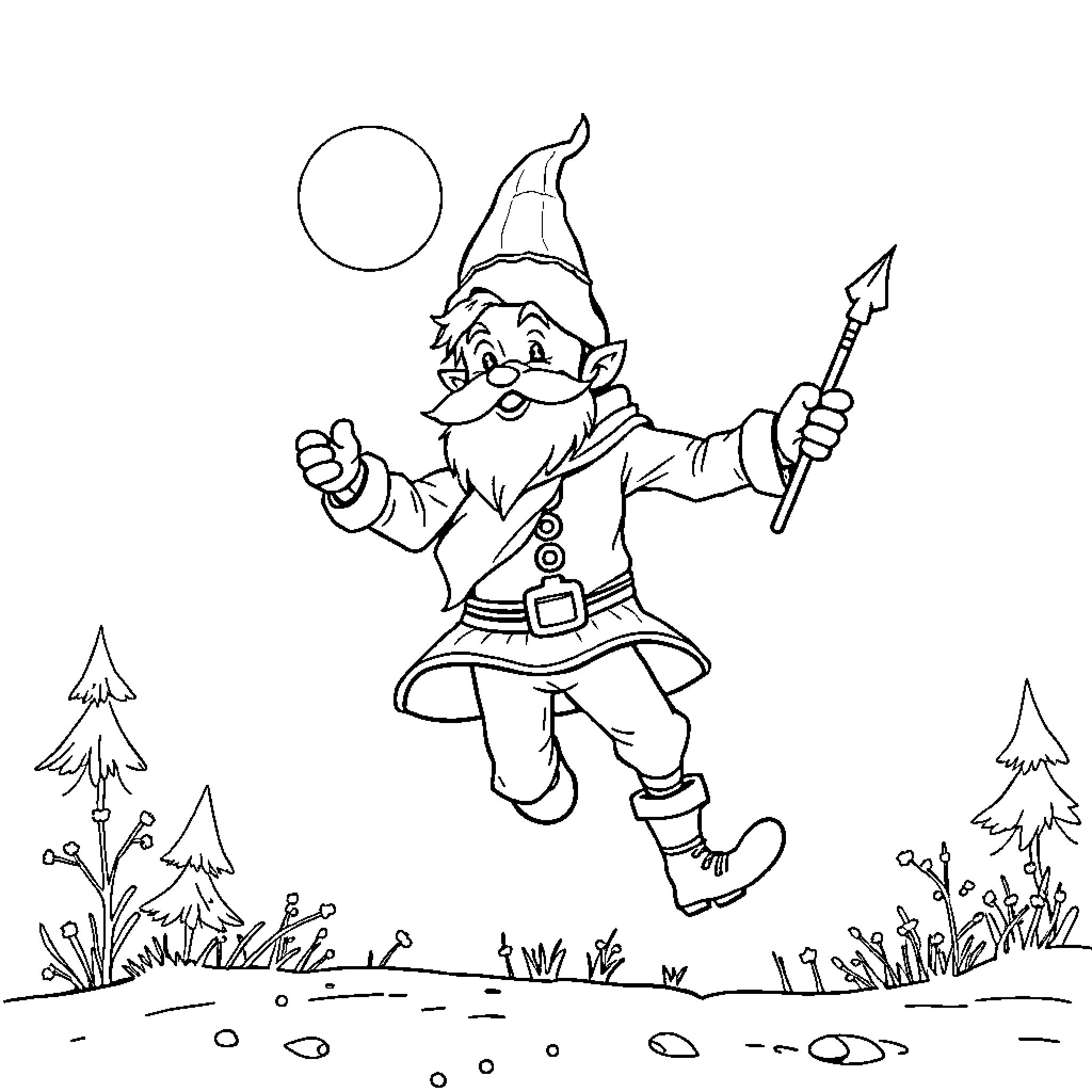 Lutin the jolly forest dwarf with a spear Coloring Page (free black-and-white line drawing printable PDF for all, from beginners to advanced learners, including children, teens, adults, and seniors)