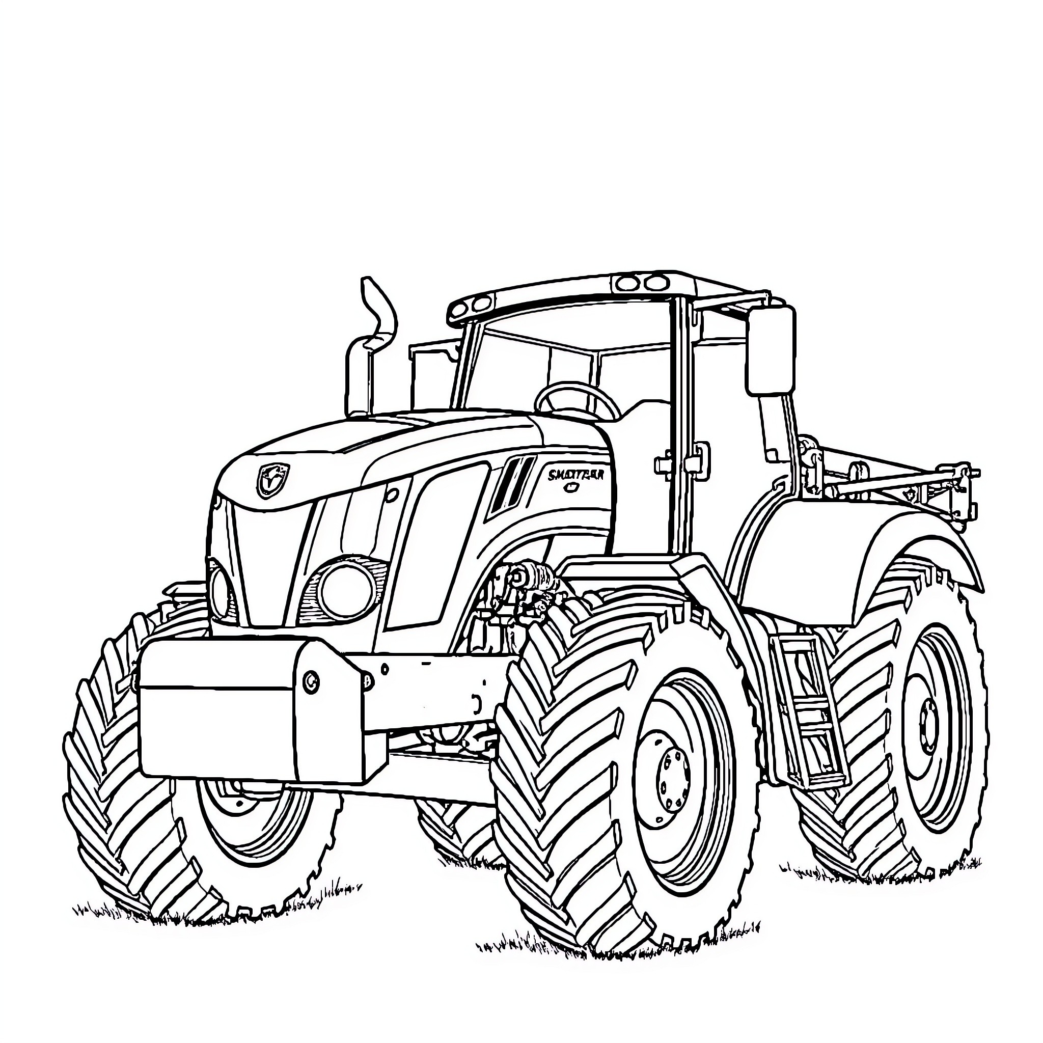 Tractor in the field with large tires Coloring Page (free black-and-white line drawing printable PDF for all, from beginners to advanced learners, including children, teens, adults, and seniors)