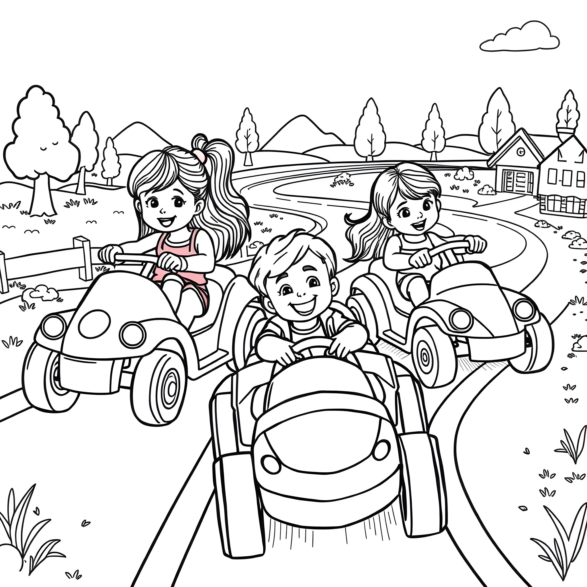 Car ride with happy kids in the countryside Coloring Page (free black-and-white line drawing printable PDF for all, from beginners to advanced learners, including children, teens, adults, and seniors)