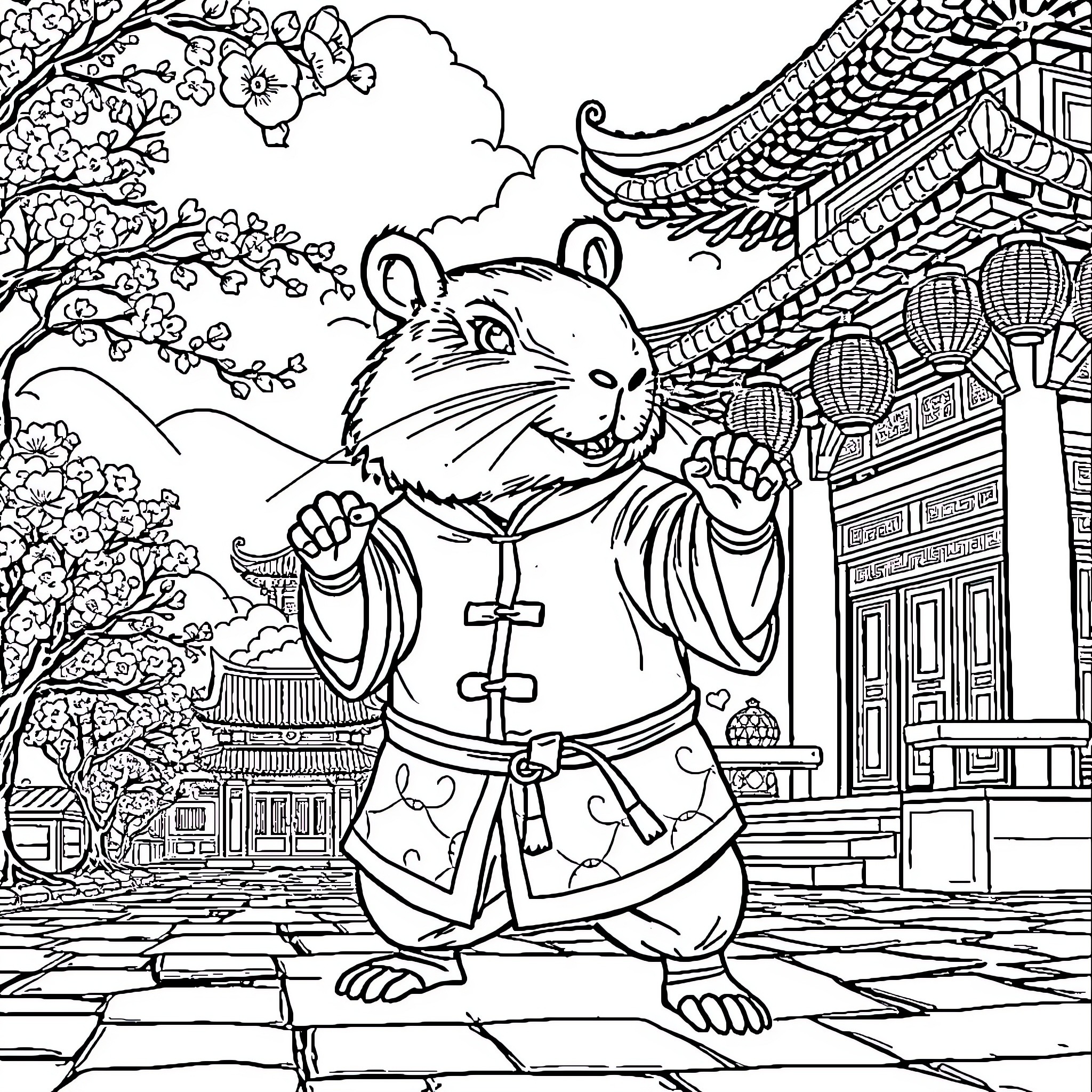 Capybara in Traditional Asian Attire Coloring Page (free black-and-white line drawing printable PDF for all, from beginners to advanced learners, including children, teens, adults, and seniors)