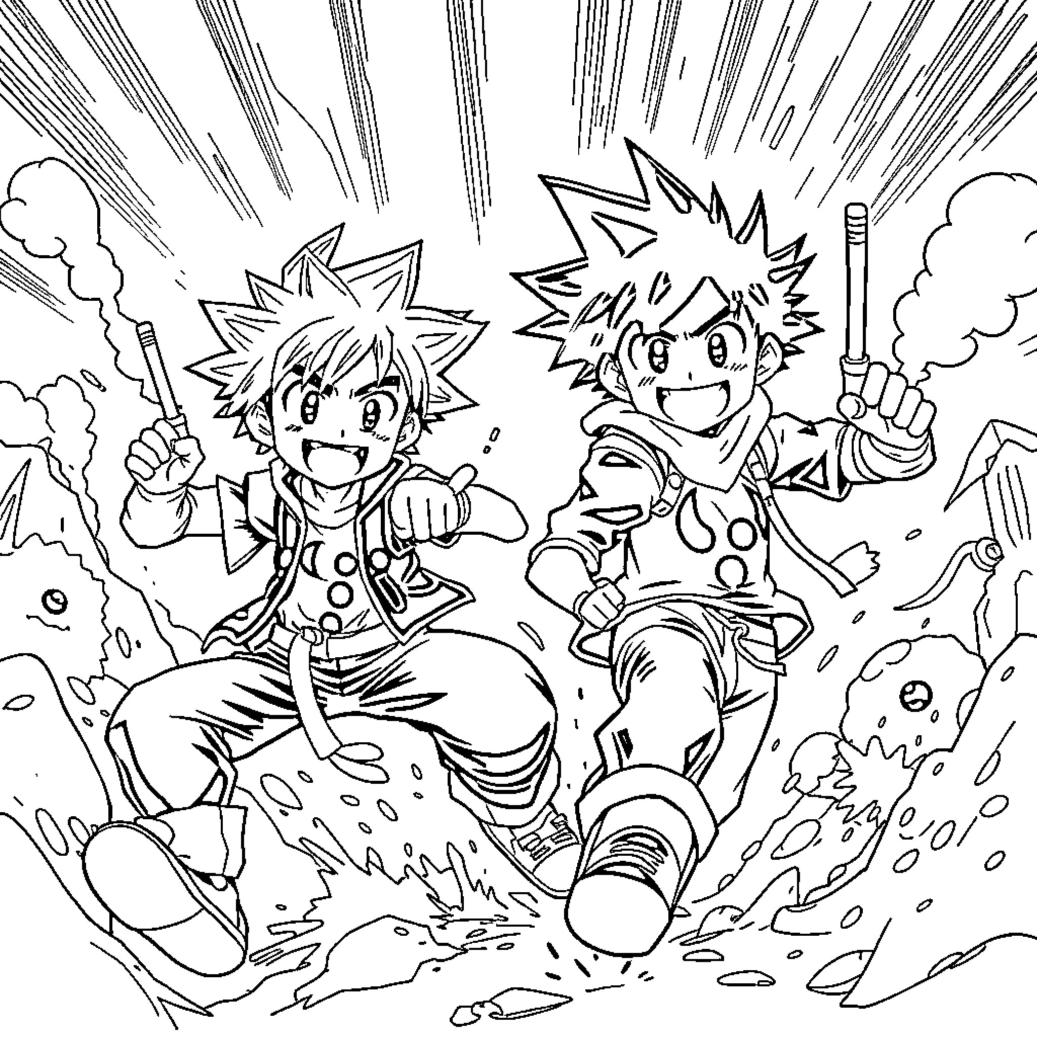 Bakugo and Deku engaged in heroic action Coloring Page (free black-and-white line drawing printable PDF for all, from beginners to advanced learners, including children, teens, adults, and seniors)